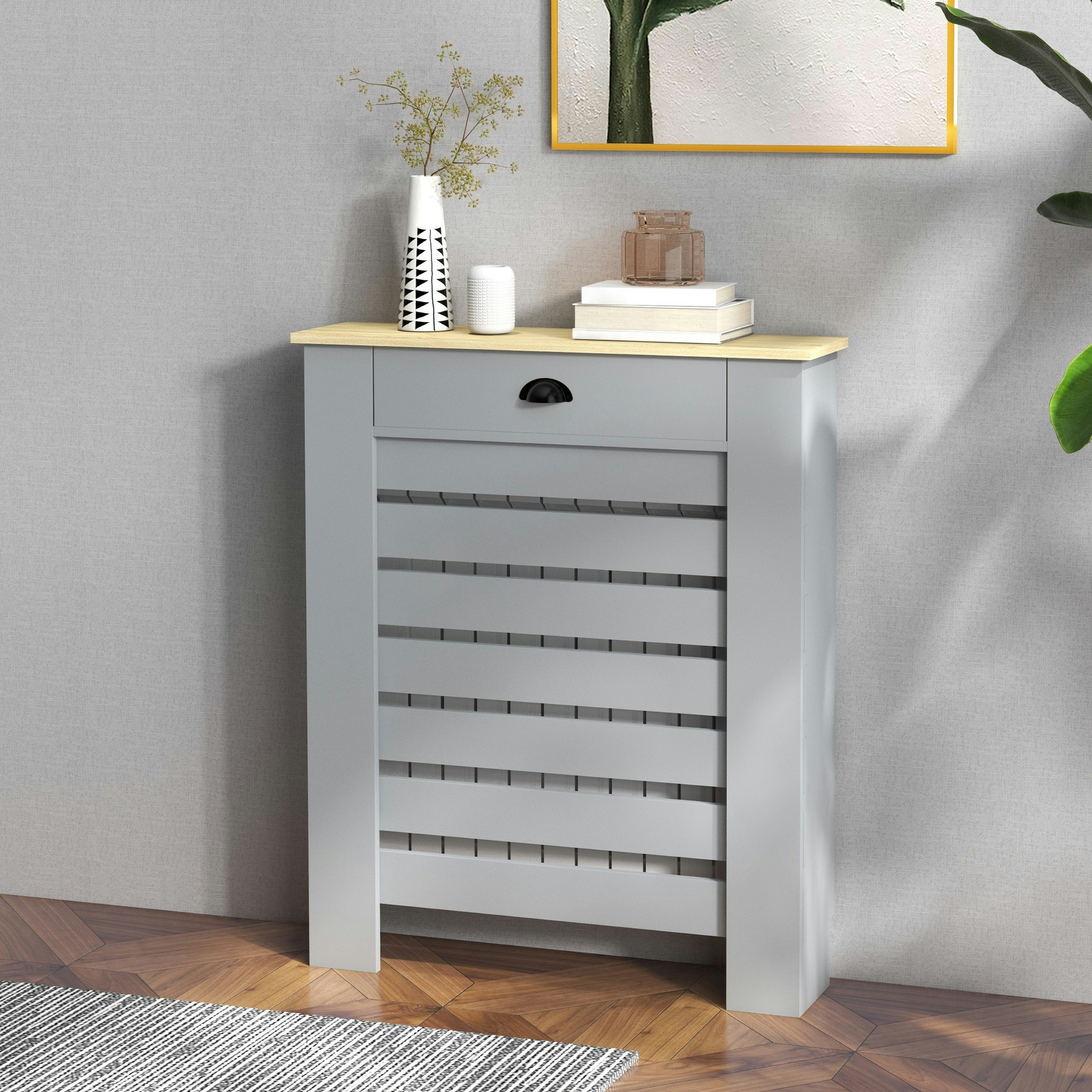 Homcom Grey Radiator Cover With Drawer, Horizontal Slat, 78Cm, - 78W X 19D X 95.5Hcm