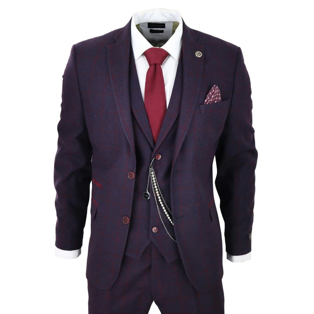 Truclothing Men's Silver Stz70 - 3 Piece Suit Wool Tweed Plum Wine Check 1920S Gatsby Formal Dress Suits - 52" Jacket 46" Trousers