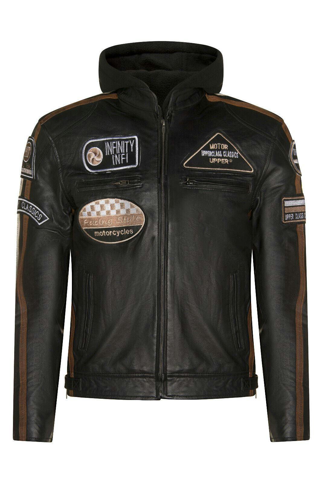 Infinity Leather Men's Black Racing Hooded Leather Biker Jacket-Detroit - Uk Xl | Eu 52 | Us 42