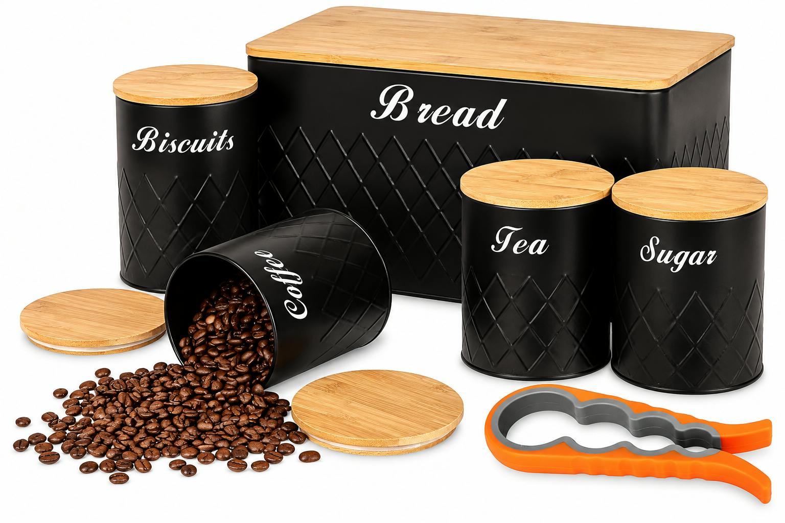 Rackhams Black 5 Piece Kitchen Canister Set Bamboo Lids Tea Coffee Sugar Biscuits Bread