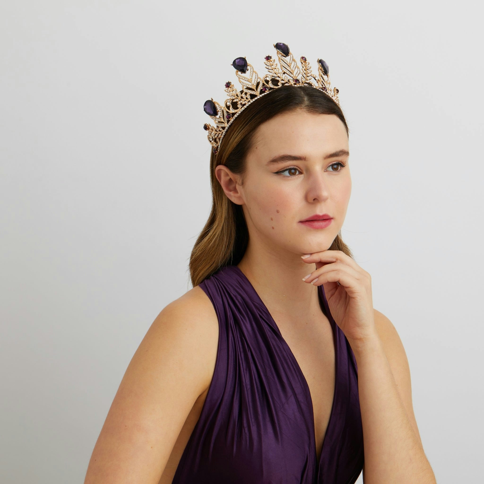 Queenmee Accessories Purple Tiara Peacock Feather