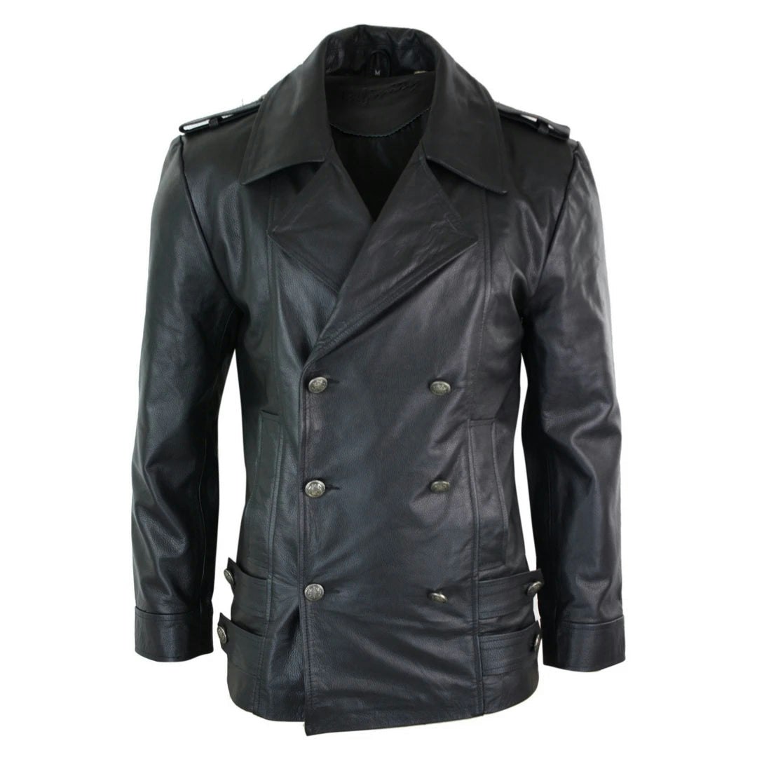Infinity Leather Men's Black Leather Company Mid Length German Sailors Marine Goth Punk Double Breasted Leather Jacket - 4XL