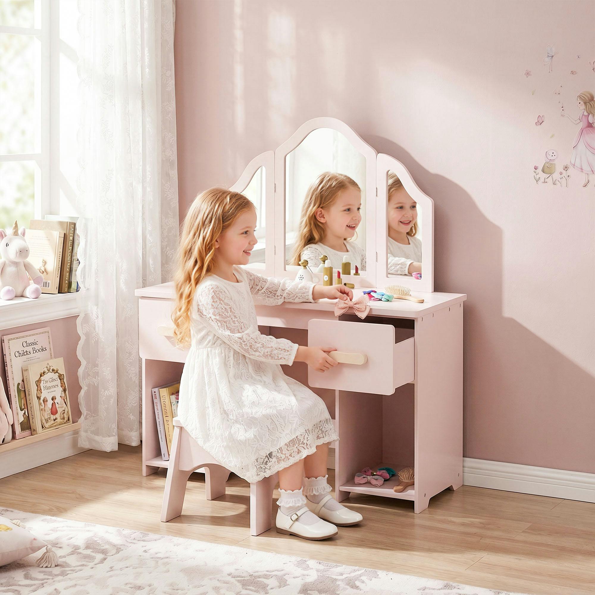 B&Q - Kids Vanity Table And Chair Set With Tri-Folding Mirror For 3+ - Image 3