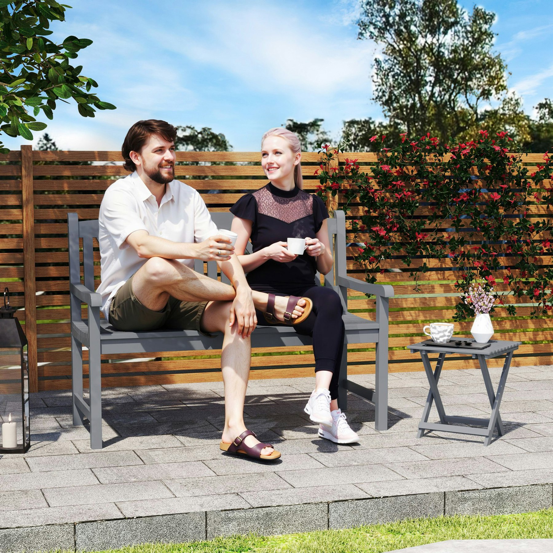 Rackhams Grey 2-Seater Wooden Garden Bench Outdoor Patio Loveseat Natural - Poplar Wood - 123Cmx61cmx89.5cm