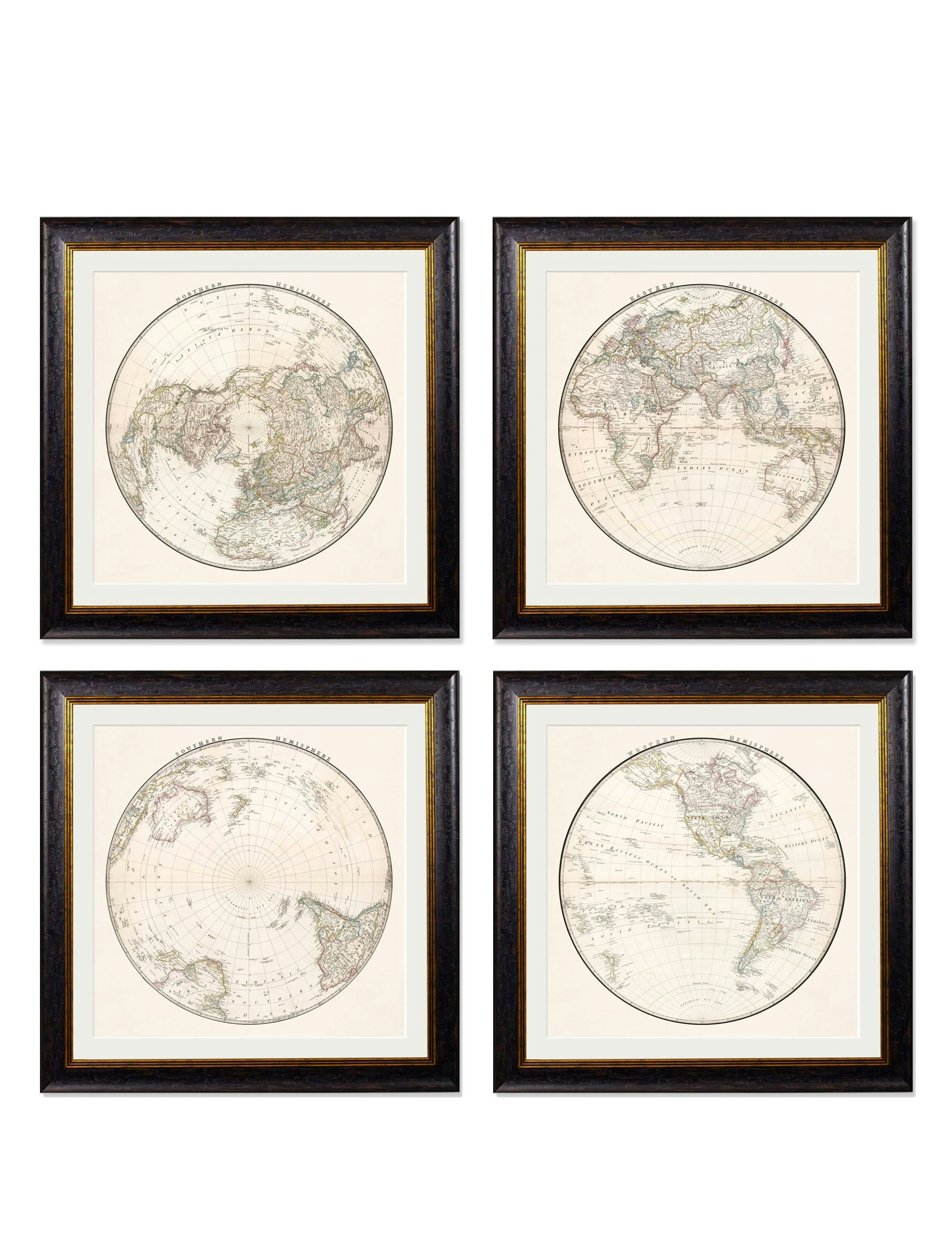 Rackhams Black C.1838 World Map Hemispheres - 96 X 96Cm - Collection Of 4
