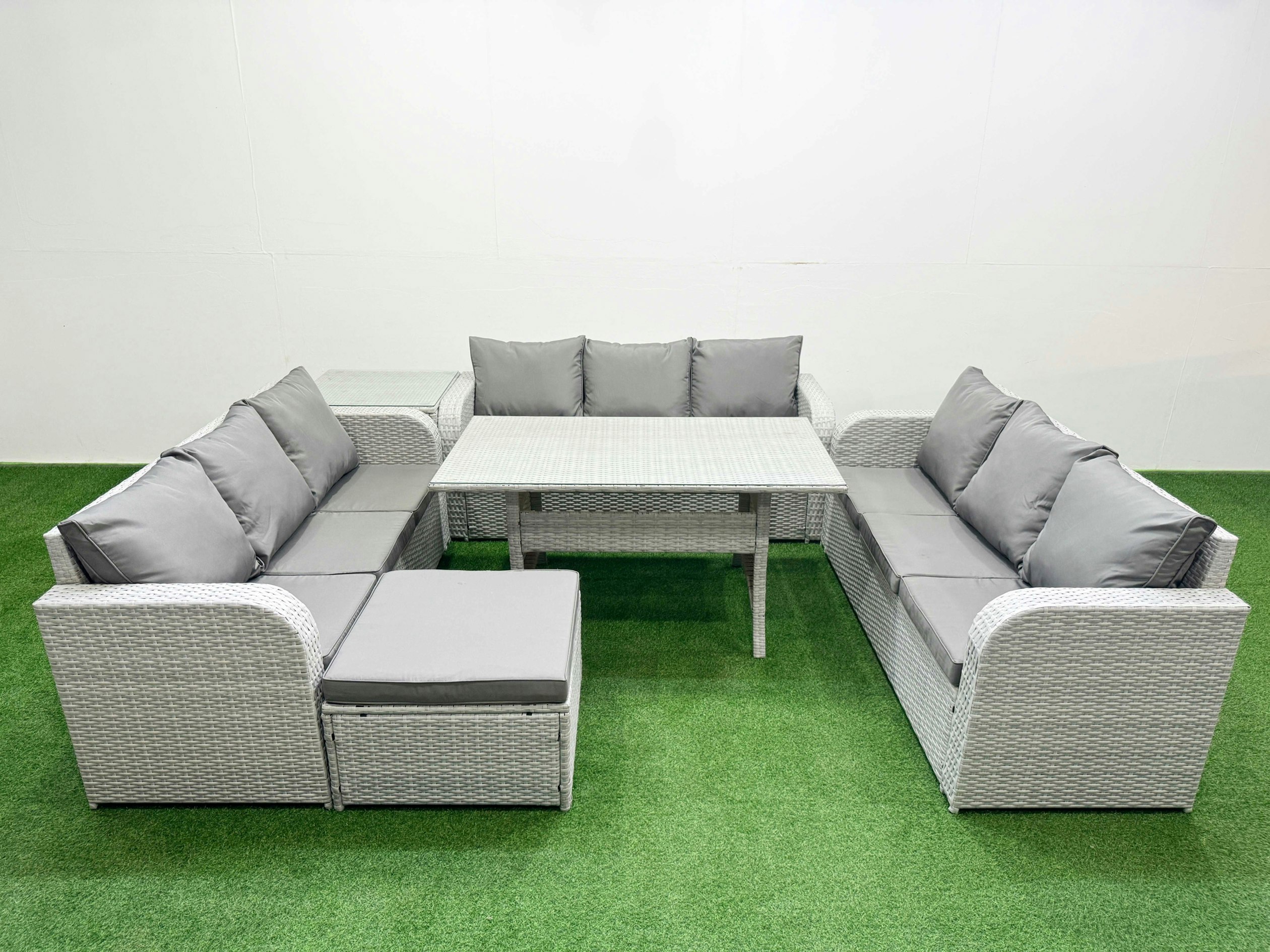Fimous Light/Grey 10-Seater Pe Rattan Outdoor Lounge Set | Rectangular Dining Table, 3-Seater Sofa, Large Footstool, Side Table