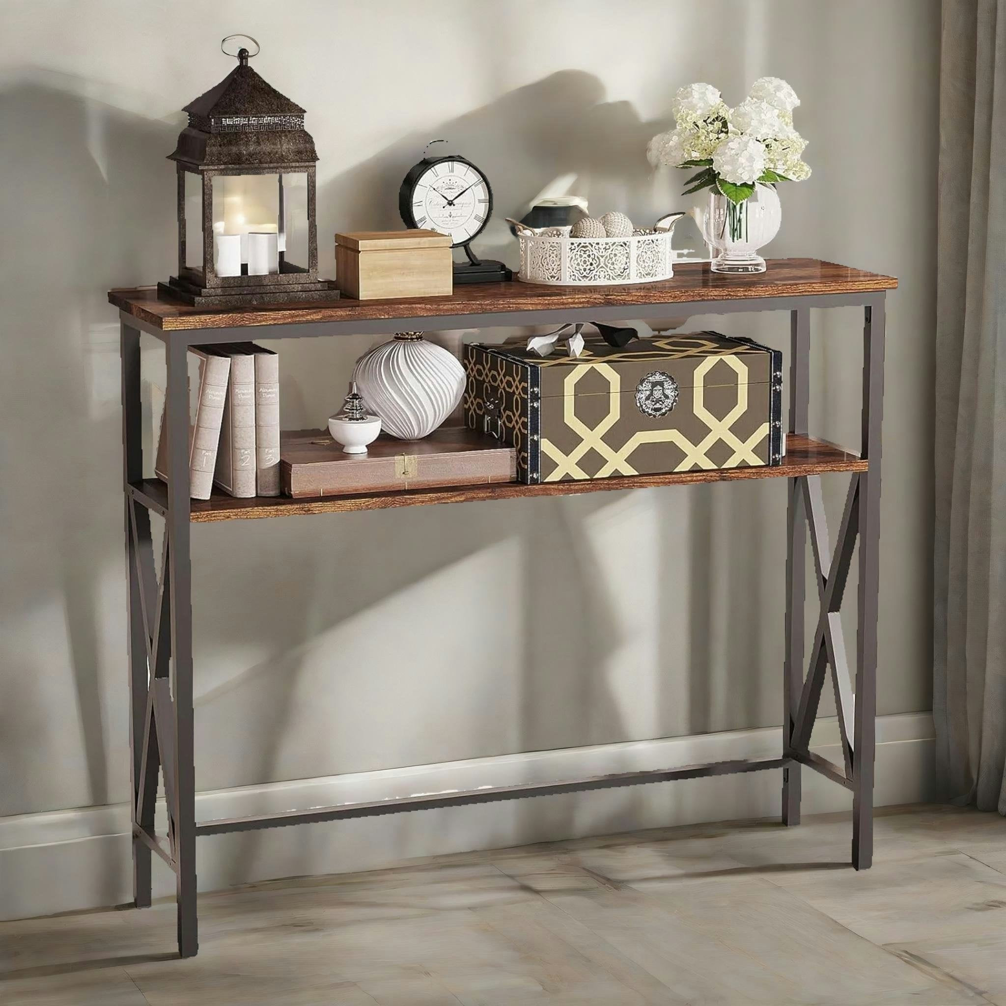 Rafaelo Mobilia Brown Industrial Console Table With 2 Shelves Rustic