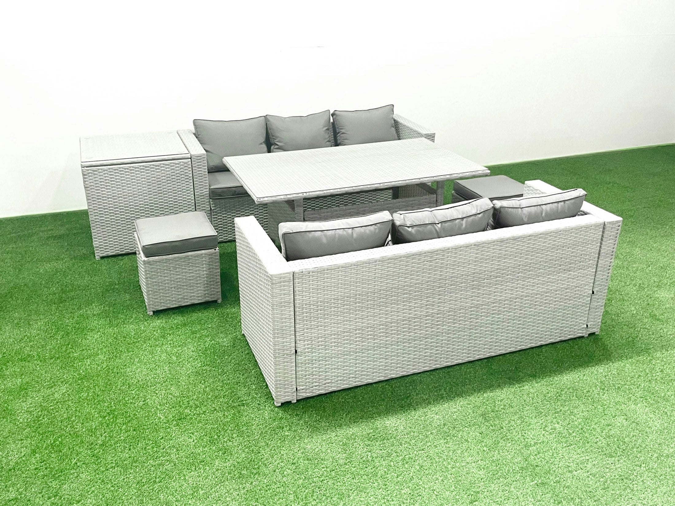 Rackhams Light/Grey Rattan Garden Furniture Set 8 Seater Outdoor Sofa Set With Dining Table Side Table 2 Small Footstools Mixed