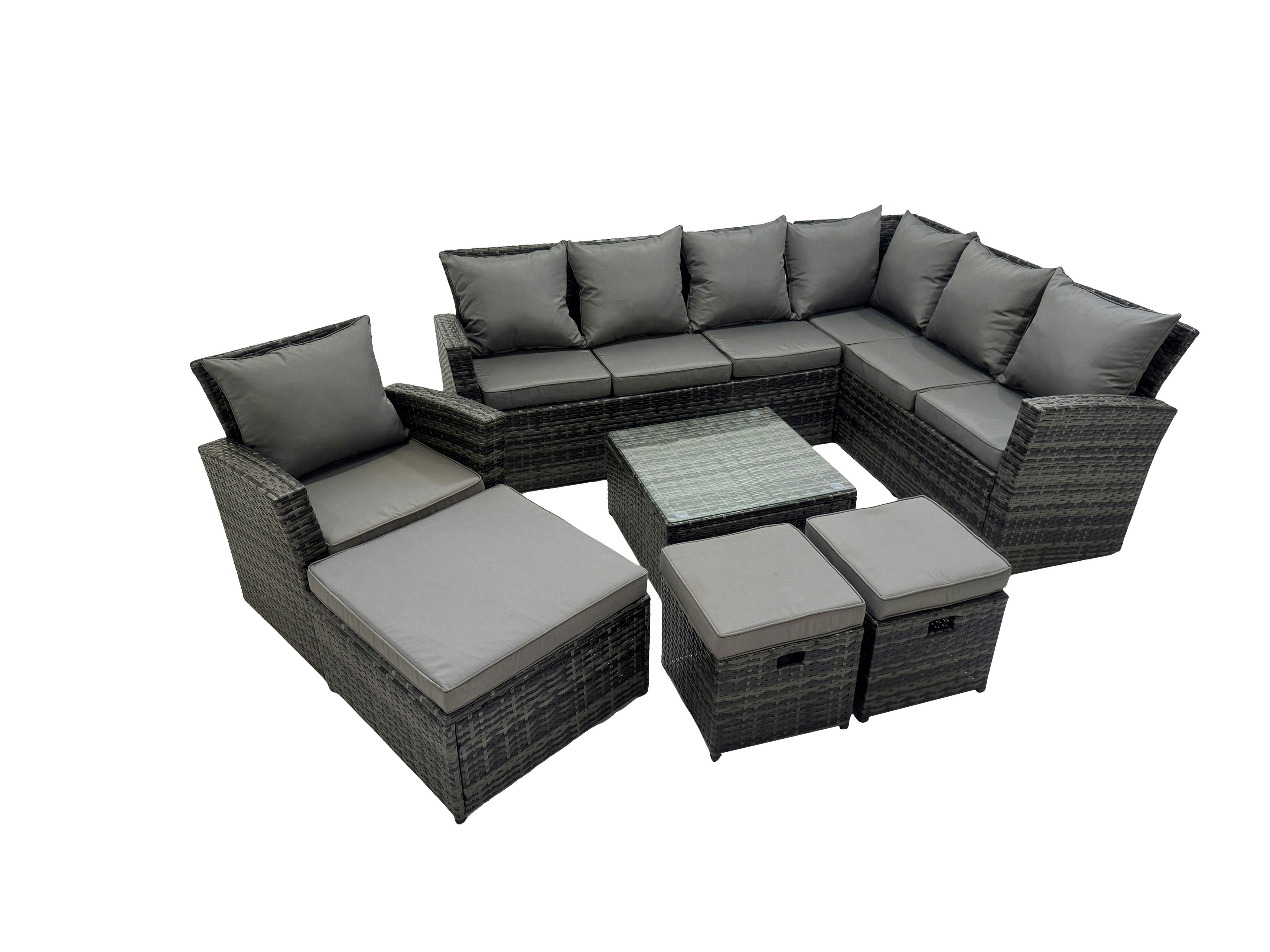 Rackhams Dark/Grey Rattan Garden Outdoor Furniture Set 10 Seater Garden Sofa Coffee Table Set With Chair 3 Footstools Mixed