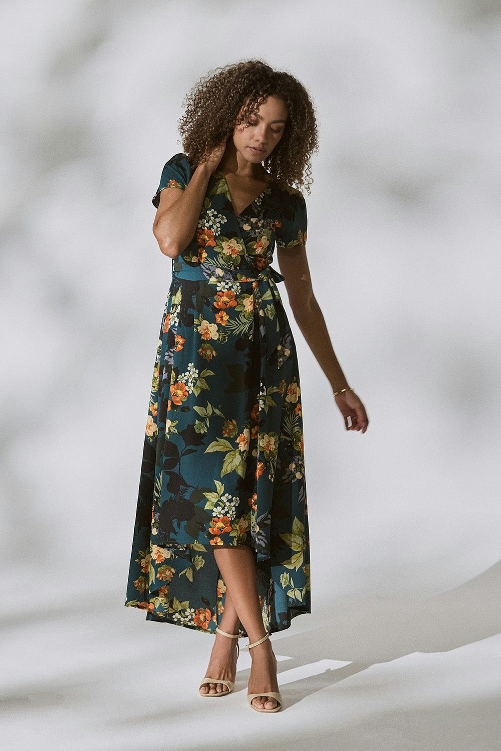 Izabel London Light Floral High Low Wrap Maxi Dress - Teal - 24