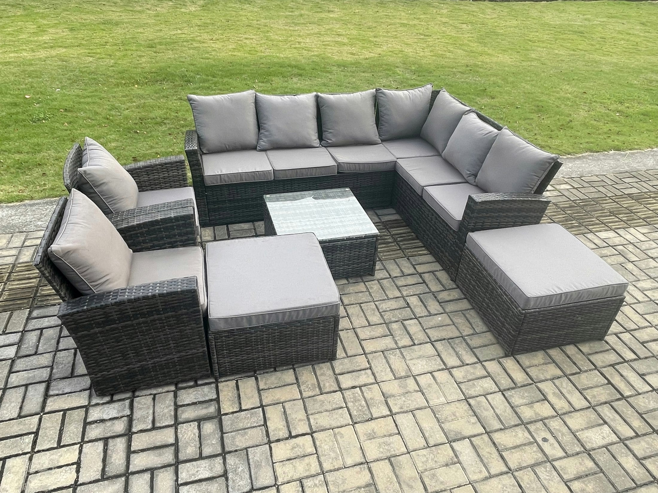 Rackhams Dark/Grey 10 Seat Rattan Garden Furniture Corner Sofa Set Outdoor Patio Sofa Table Set With 2 Big Footstool 2 Armchairs Mixed