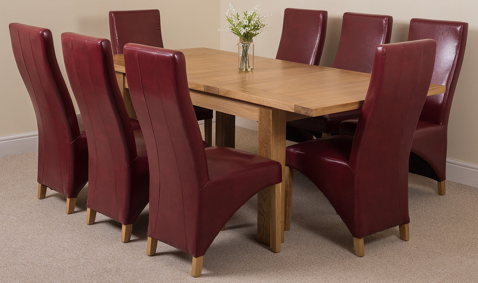That's Furniture Burgundy Seattle Oak Extending Dining Table With Lola Leather Chairs - 8 Chairs