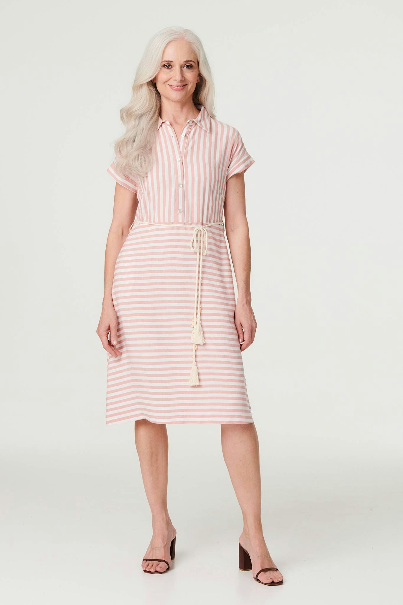 Izabel London Pink Striped Tie Waist Knee Length Dress - 18