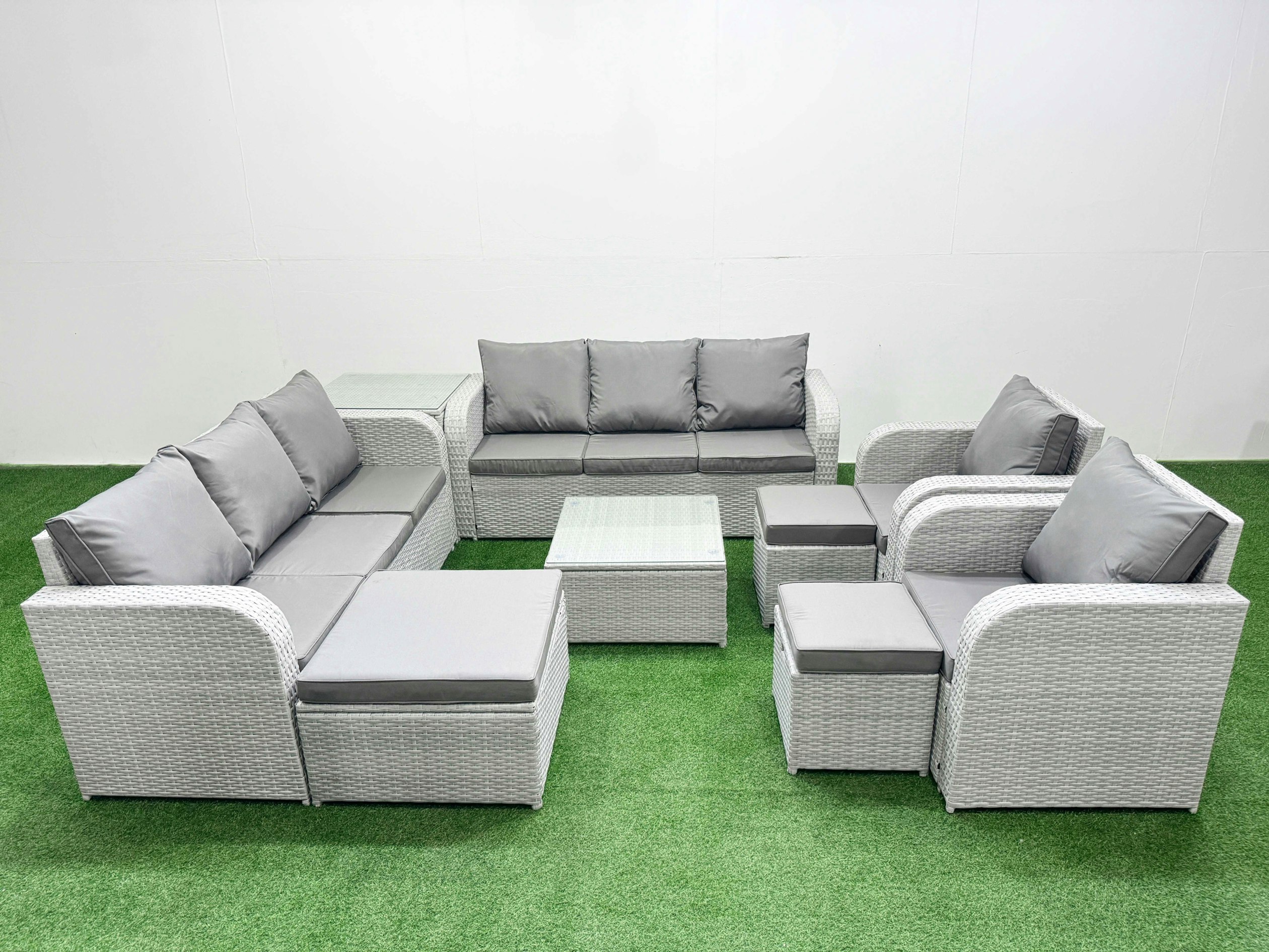 Fimous Light/Grey Pe Rattan High Back Lounge Sofa Set Patio Square Coffee Table & Chairs Set With 3 Seater Sofa Reclining Chair 3 Stools Side Table