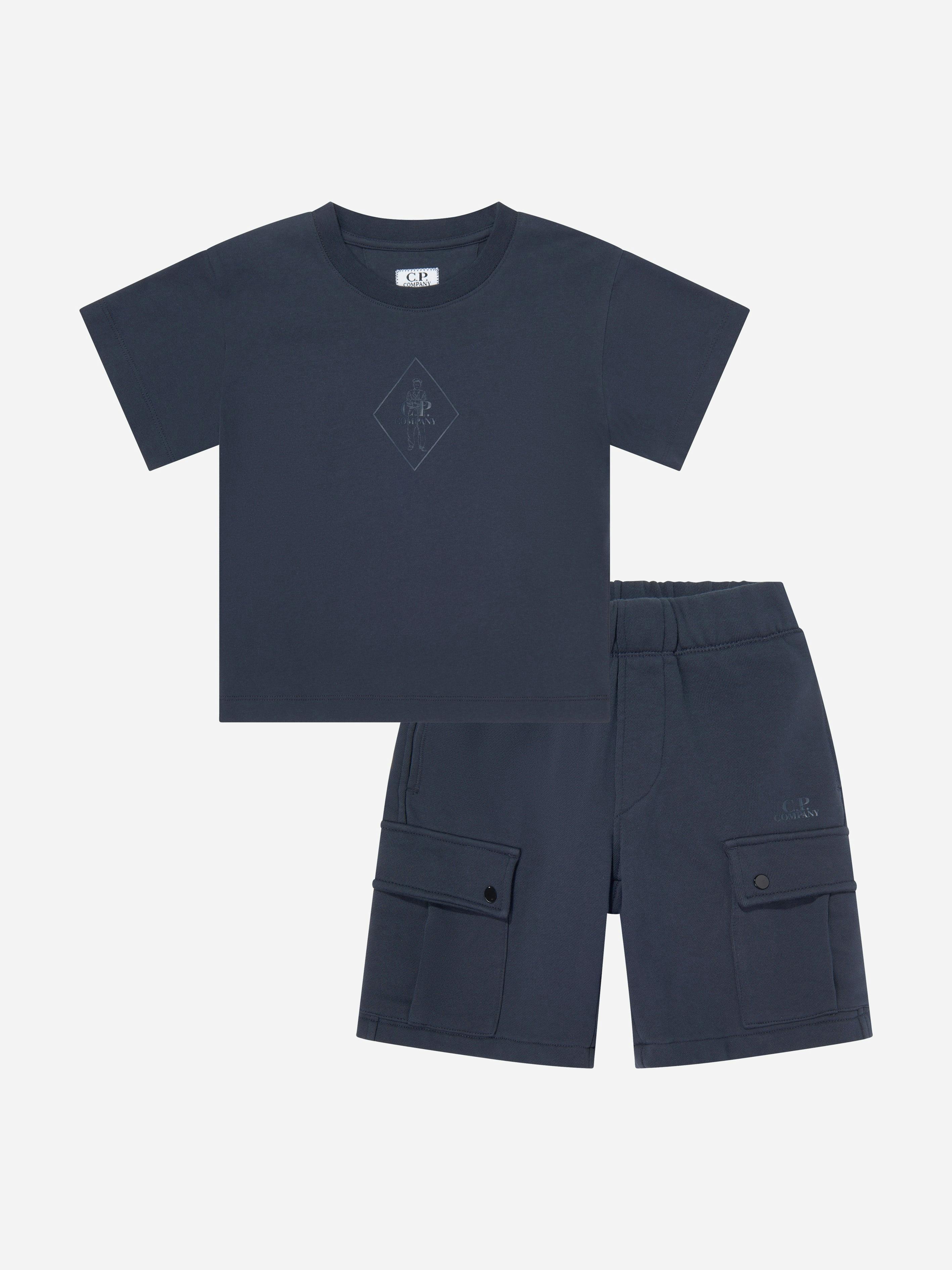 C.p. Company Boys Blue Cotton Jersey Cargo Short Set In Navy - 6 Yrs