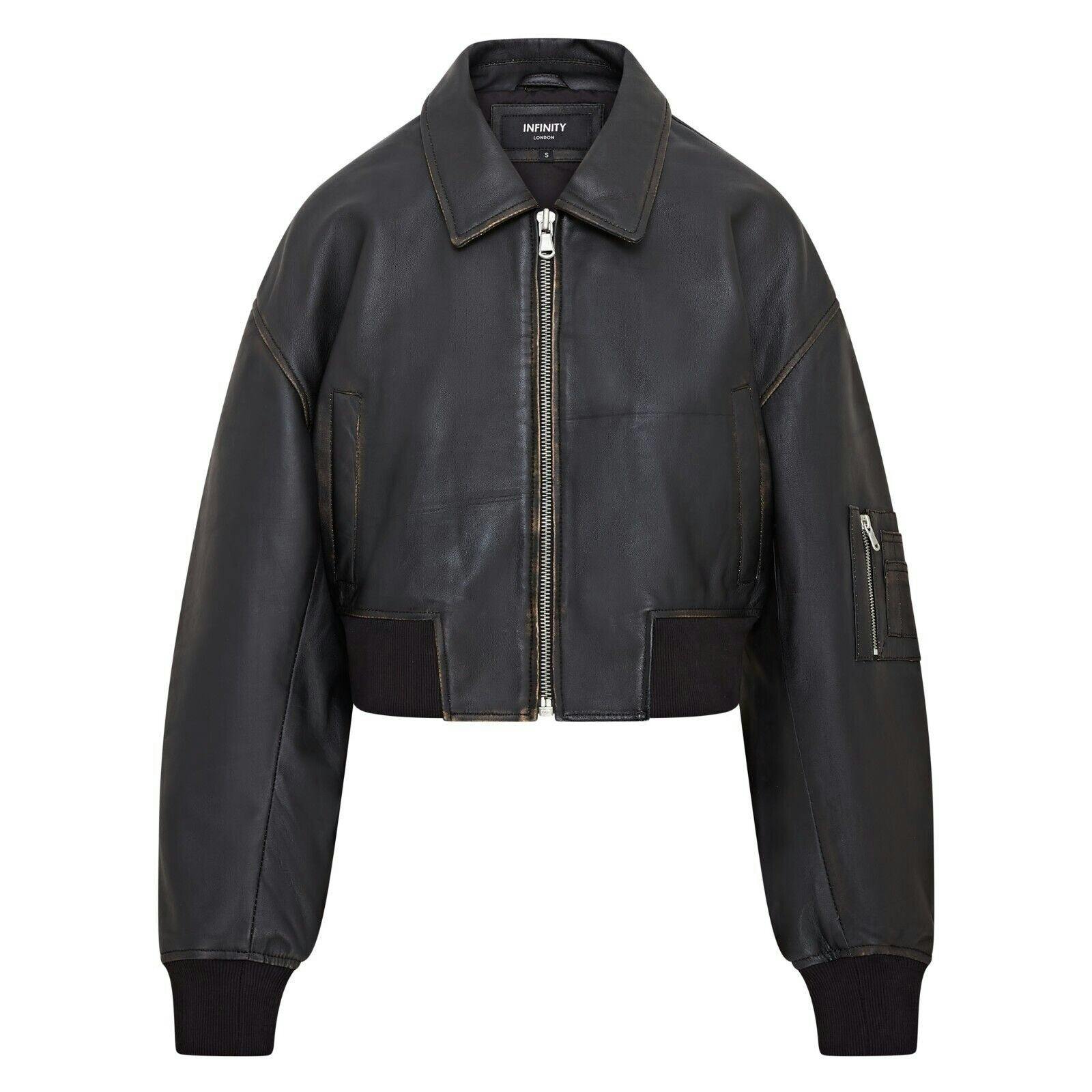 Infinity Leather Women's Black Oversized Leather Ma-1 Bomber Jacket - Bozeman - Vintage - Uk 4XL/22 | Eu 48 | Us 18
