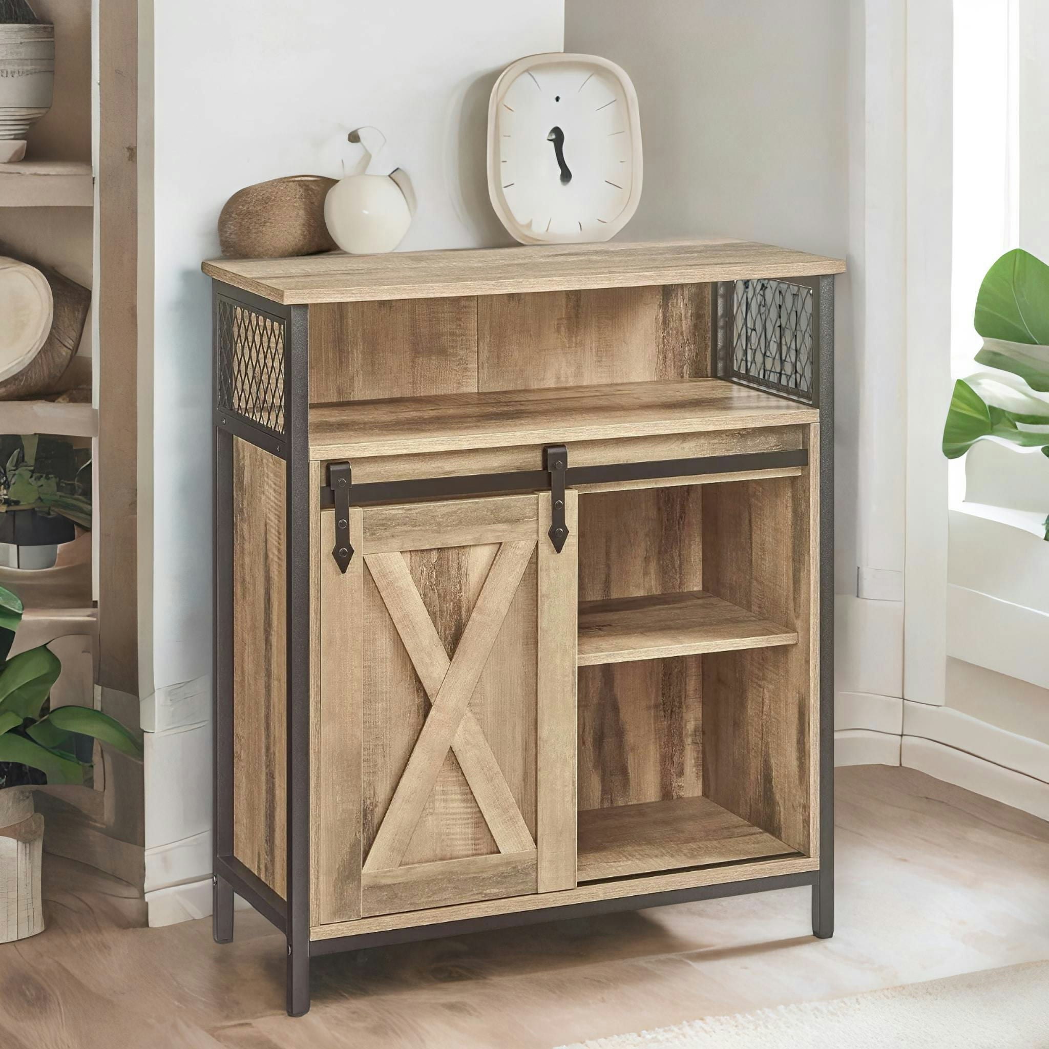 Rafaelo Mobilia Black Multipurpose Kitchen Sideboard Cabinet With Sliding Barn Door Oak