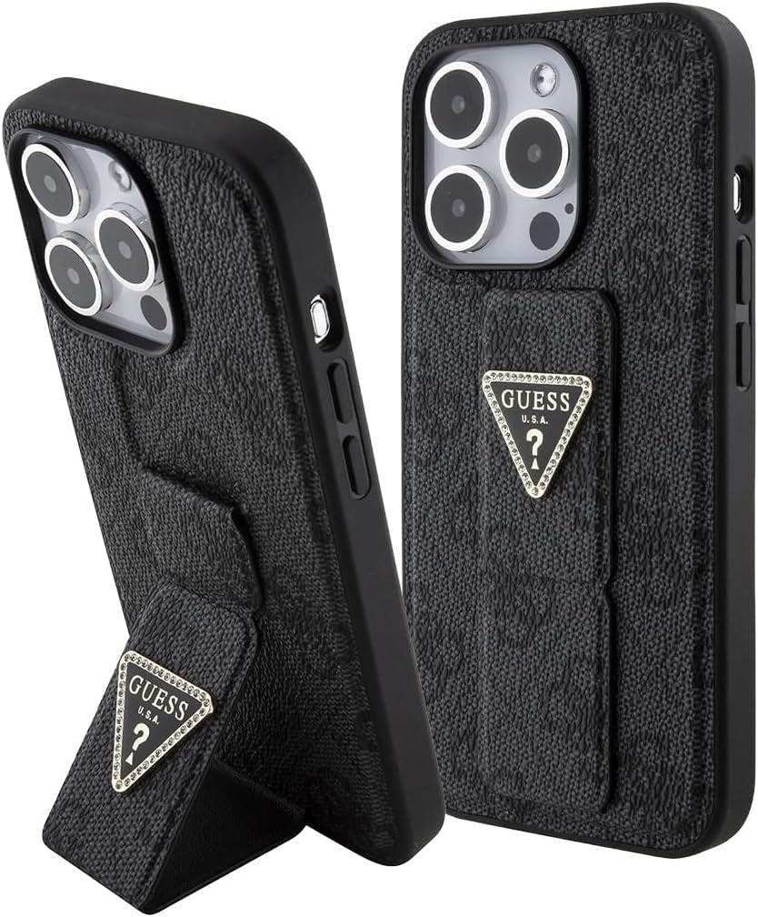Guess Black Grip Stand 4G Triangle Strass Case For Iphone 15 Pro 6.1" - Guhcp15lpgs4tdk