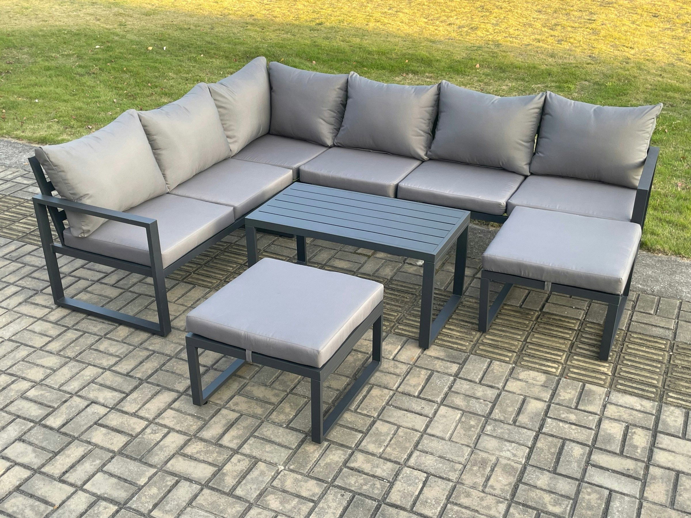 Rackhams Dark/Grey Aluminum 8 Seater Outdoor Lounge Corner Sofa Set Garden Furniture Sets With Oblong Coffee Table 2 Big Footstool