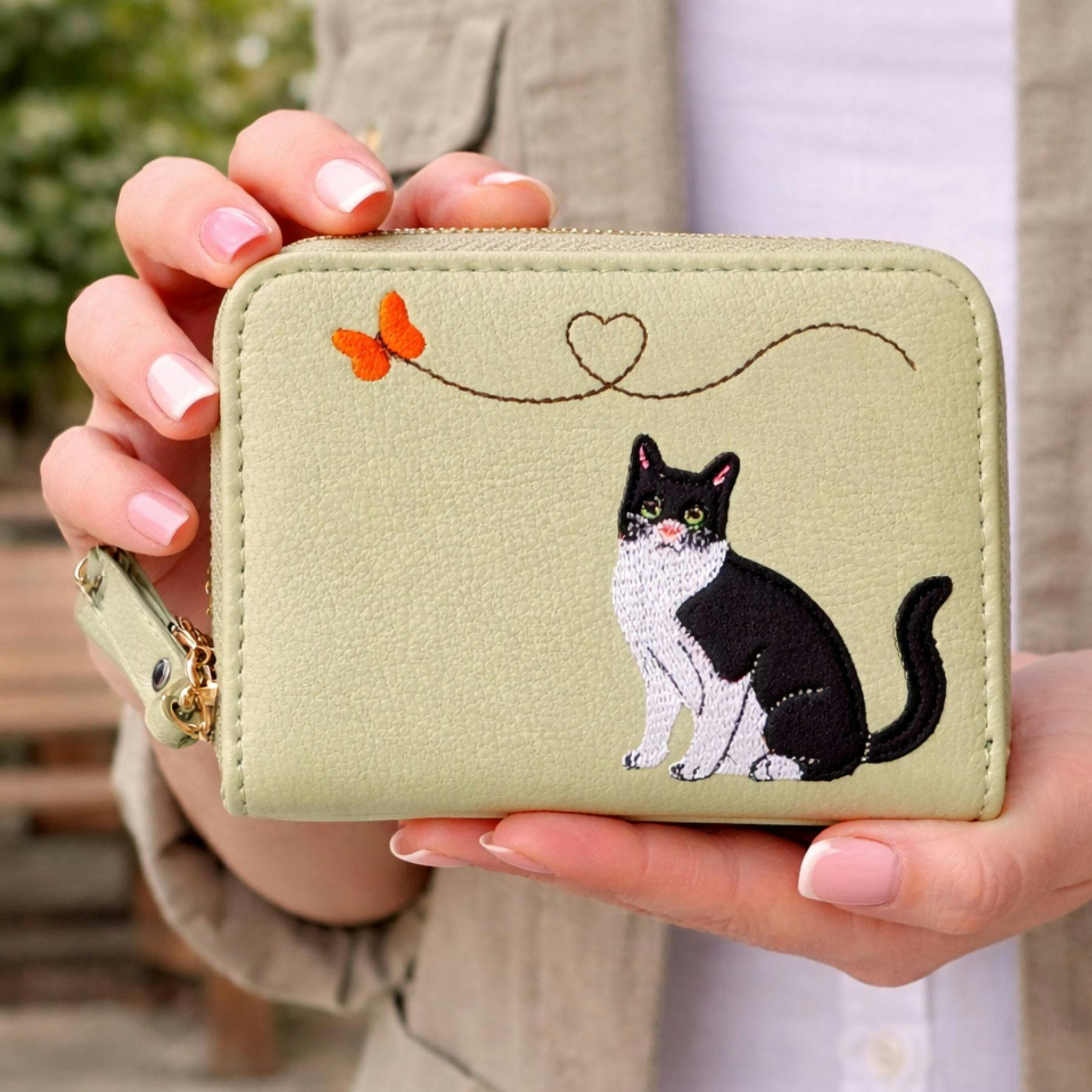 Fores Collection Blue/Yellow Cat & Butterfly Embroidered Zip Around Purse - Pistachio