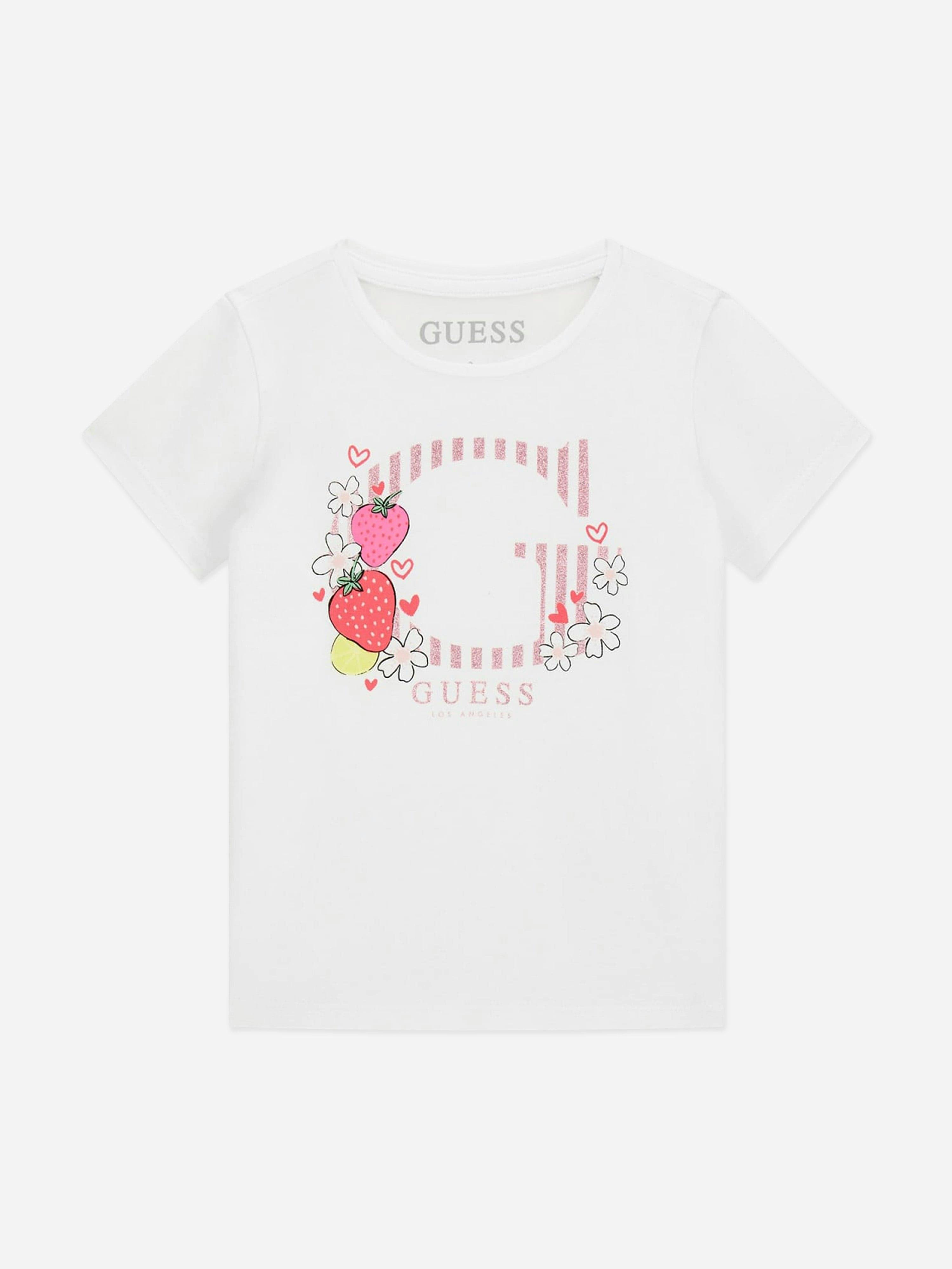 Guess Girls White Strawberry Logo T-Shirt In - 4 Yrs