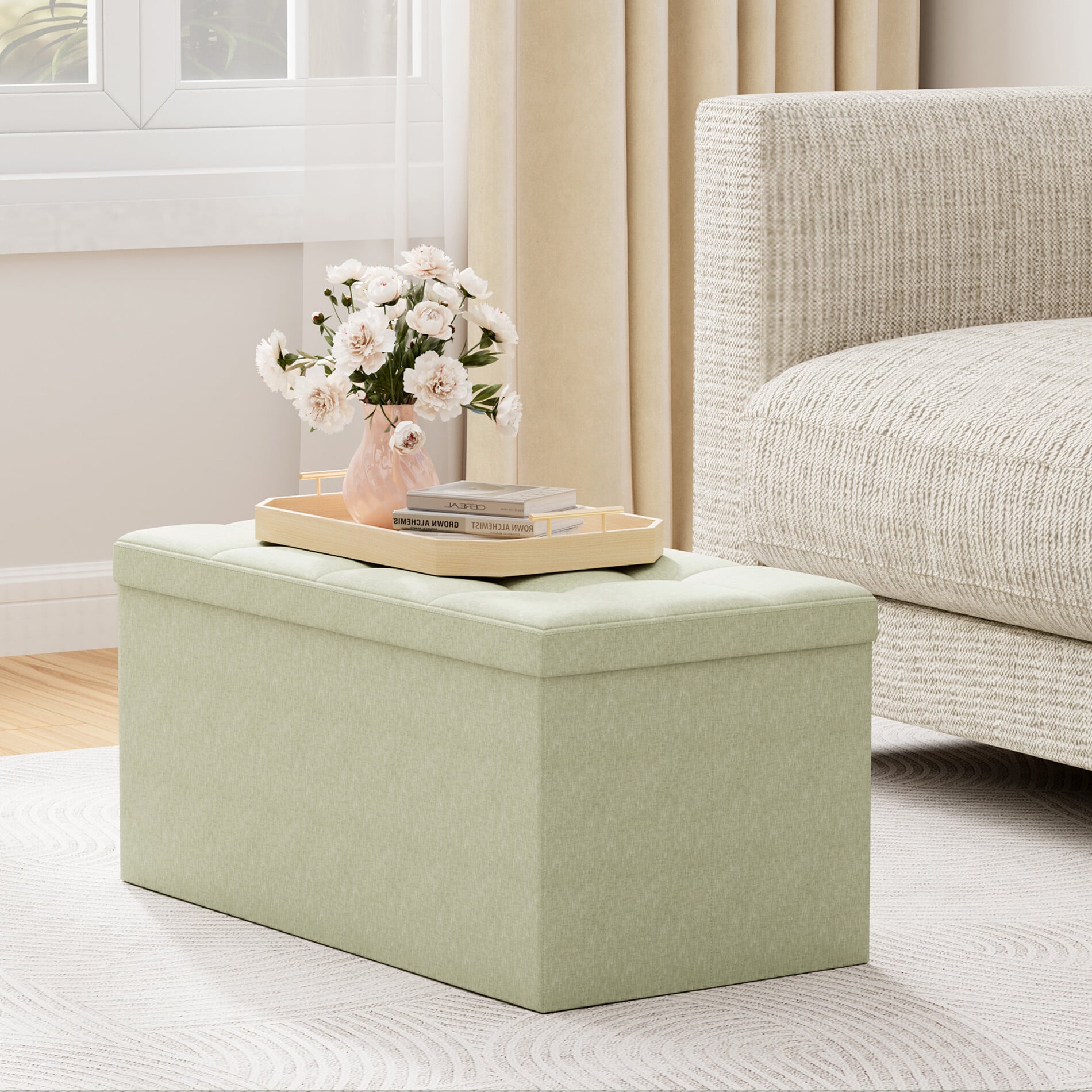 Mcc Direct Unisex Beige 76Cm Rectangular Ottoman Foldable Storage Bench Upholstered Foot Rest In - Image 3