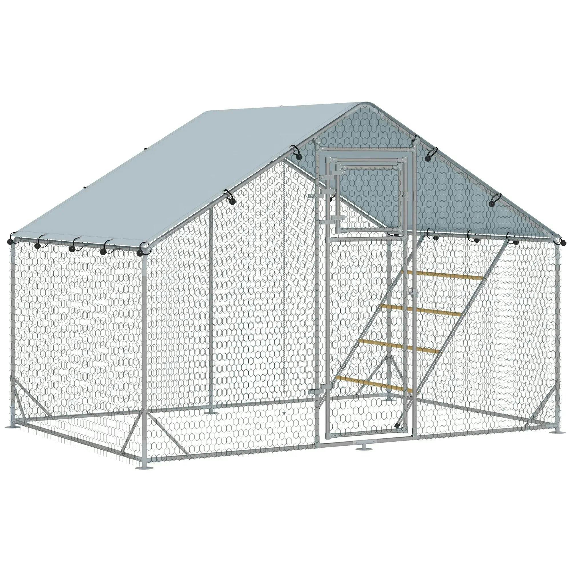 Pawhut Walk In Chicken Run W/ Cover, Hanging Feeder, Perch, For 6-8 Chickens - Image 3