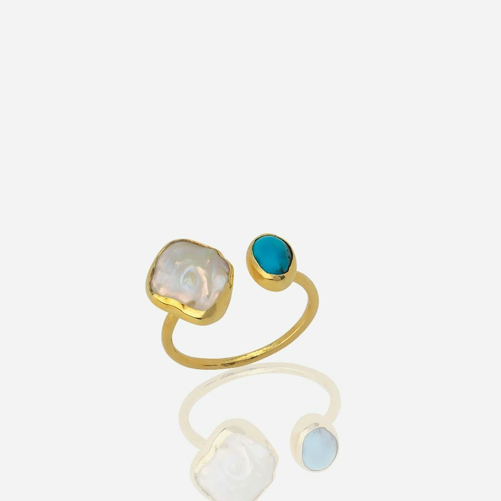 Spero London Silver/Turquoise Double Natural Gemstone Adjustable Sterling Ring