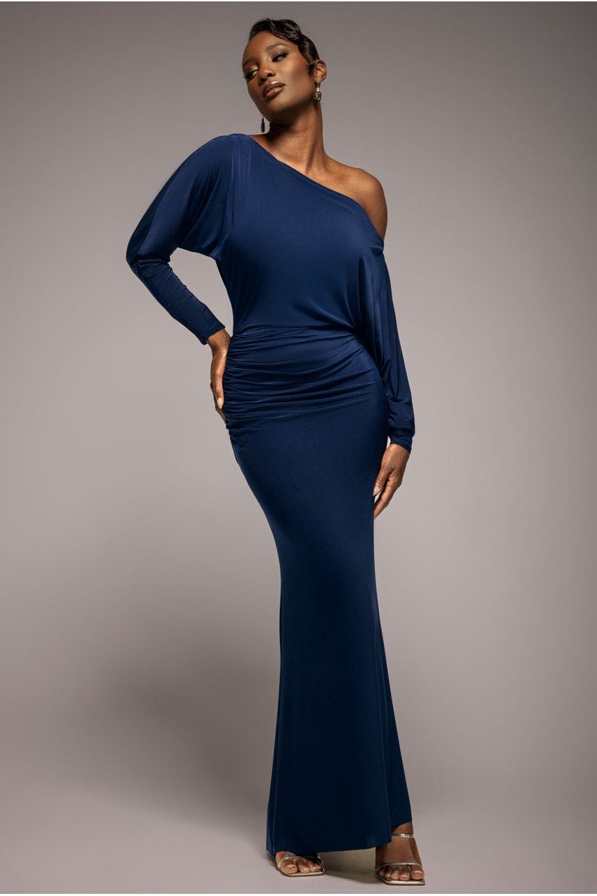 Goddiva Blue Bat Wing Elasticated Side Gather Maxi Dress - Navy By - Navy - 18