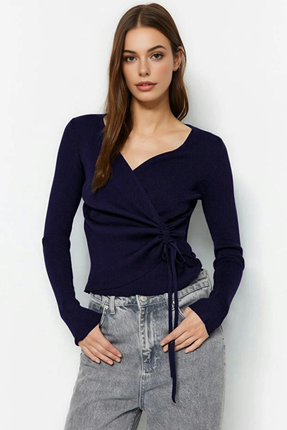 Wovcor Double-Breasted Knit Sweater With Gathering Detail - Navy - S