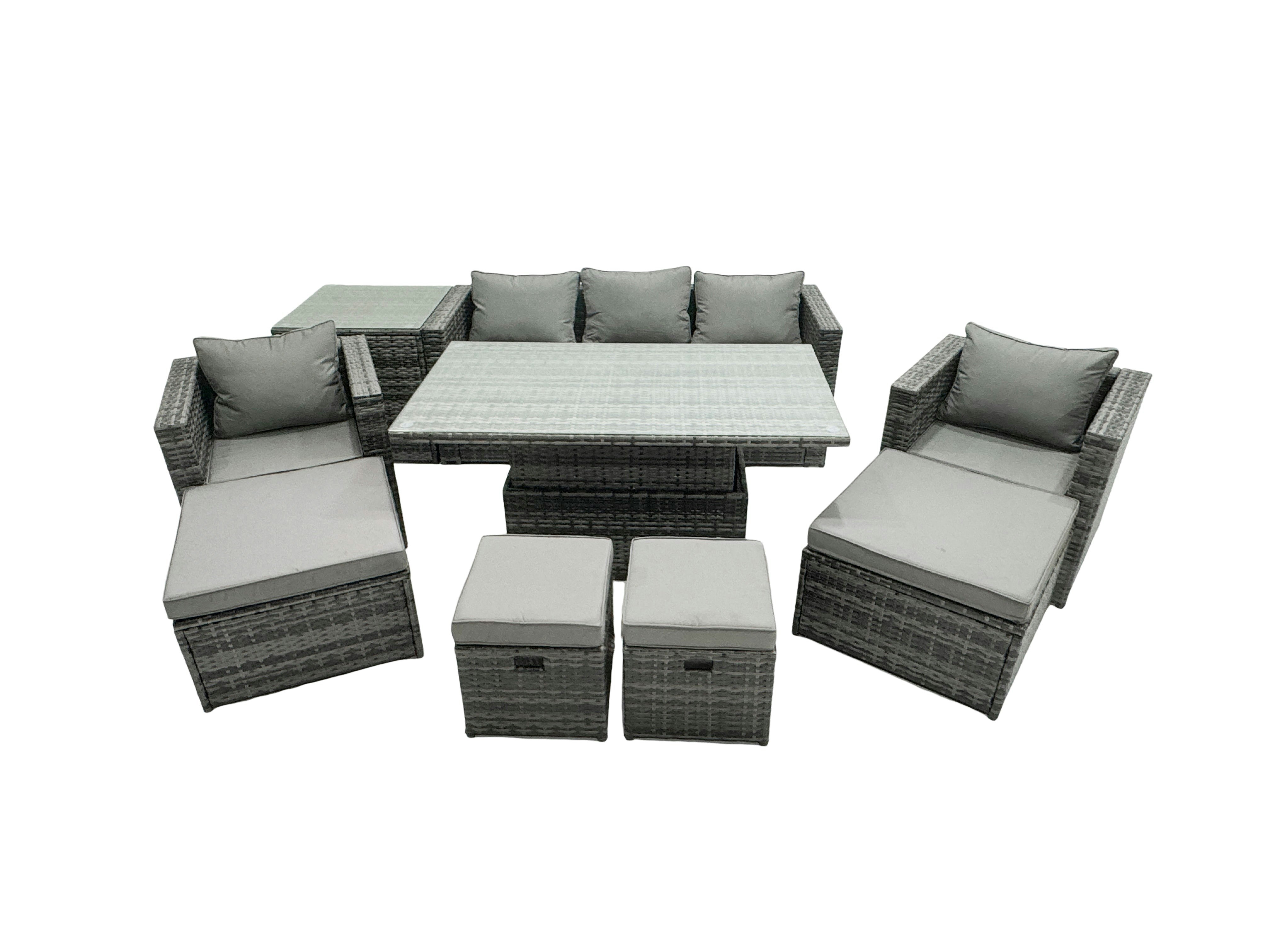 Fimous Dark/Grey Pe Rattan Garden Furniture Set Lounge Sofa Rising Dining Table Set With Side Table 4 Footstool Mixed