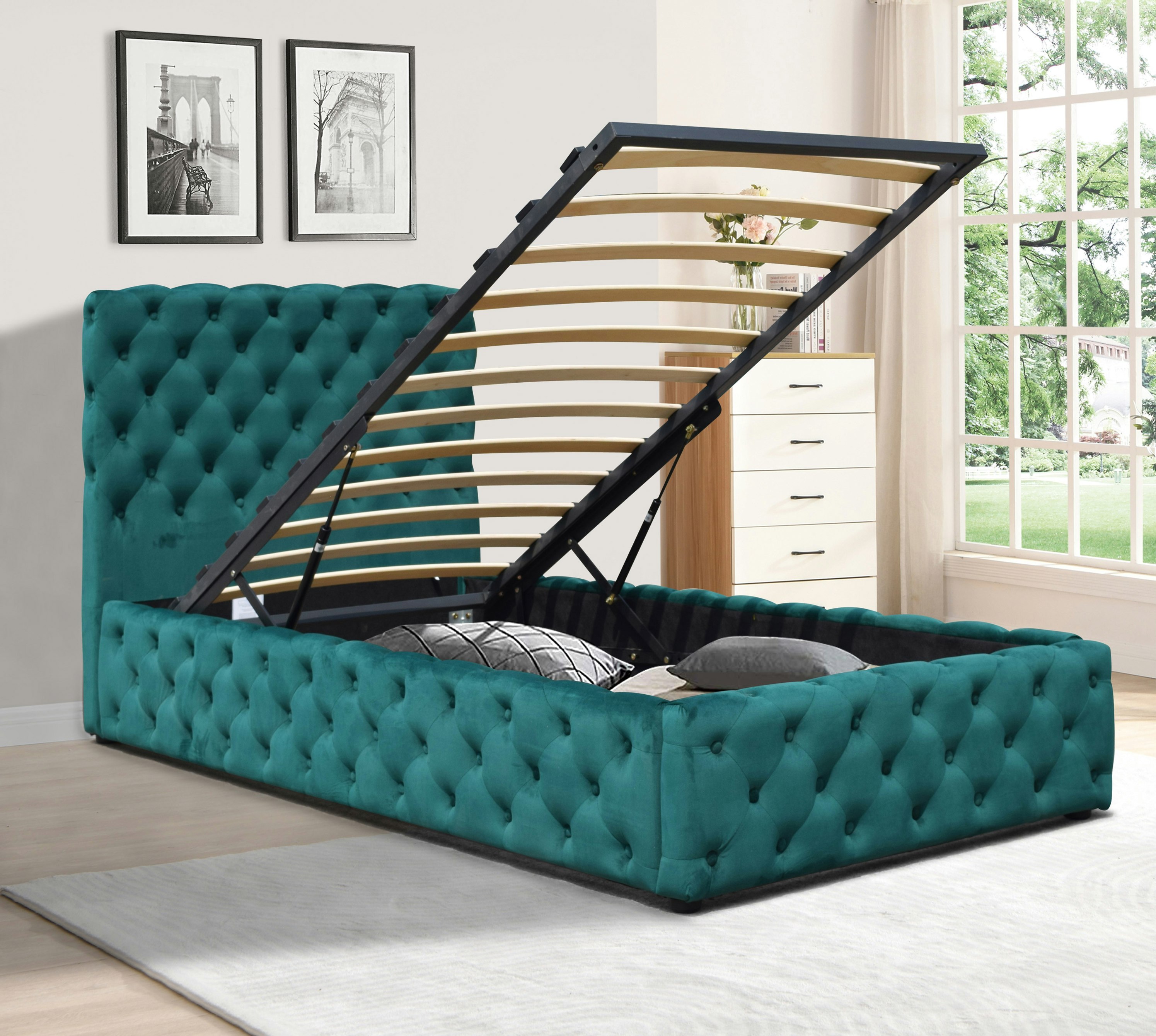 Comfy Living Grey/Green Tufted Fabric Gas Lift Ottoman Bed Frame, 3Ft, 4Ft6, Or 5Ft Bedroom - Single