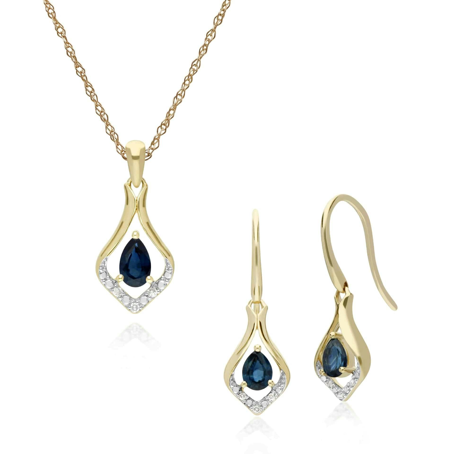 Gemondo Yellow/Gold Classic Oval Sapphire & Diamond Leaf Drop Earrings & Pendant Set In 9Ct