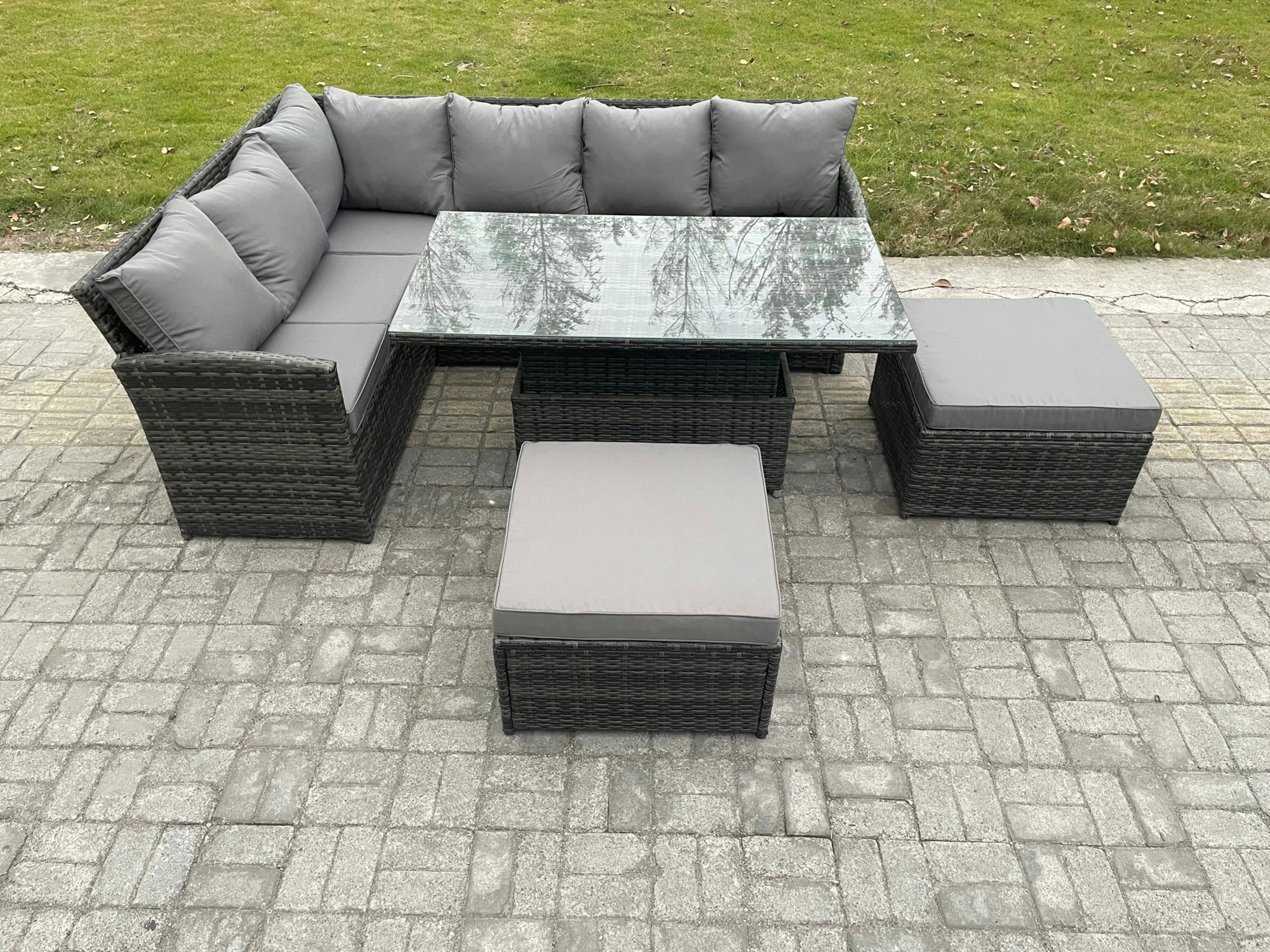 Fimous Dark/Grey Outdoor Garden Furniture Set Wicker Pe Rattan Height Adjustable Rising Lifting Table Sofa Dining Set With 2 Big Footstool Mixed