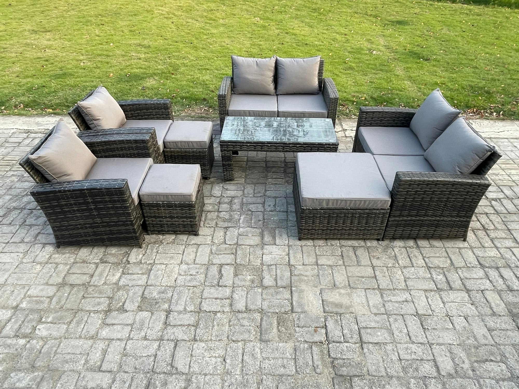 Rackhams Dark/Grey 9 Seater Mixed High Back Rattan Sofa Set Coffee Table Garden Furniture Outdoor Patio With Love Sofa Arm Chairs 3 Footstools