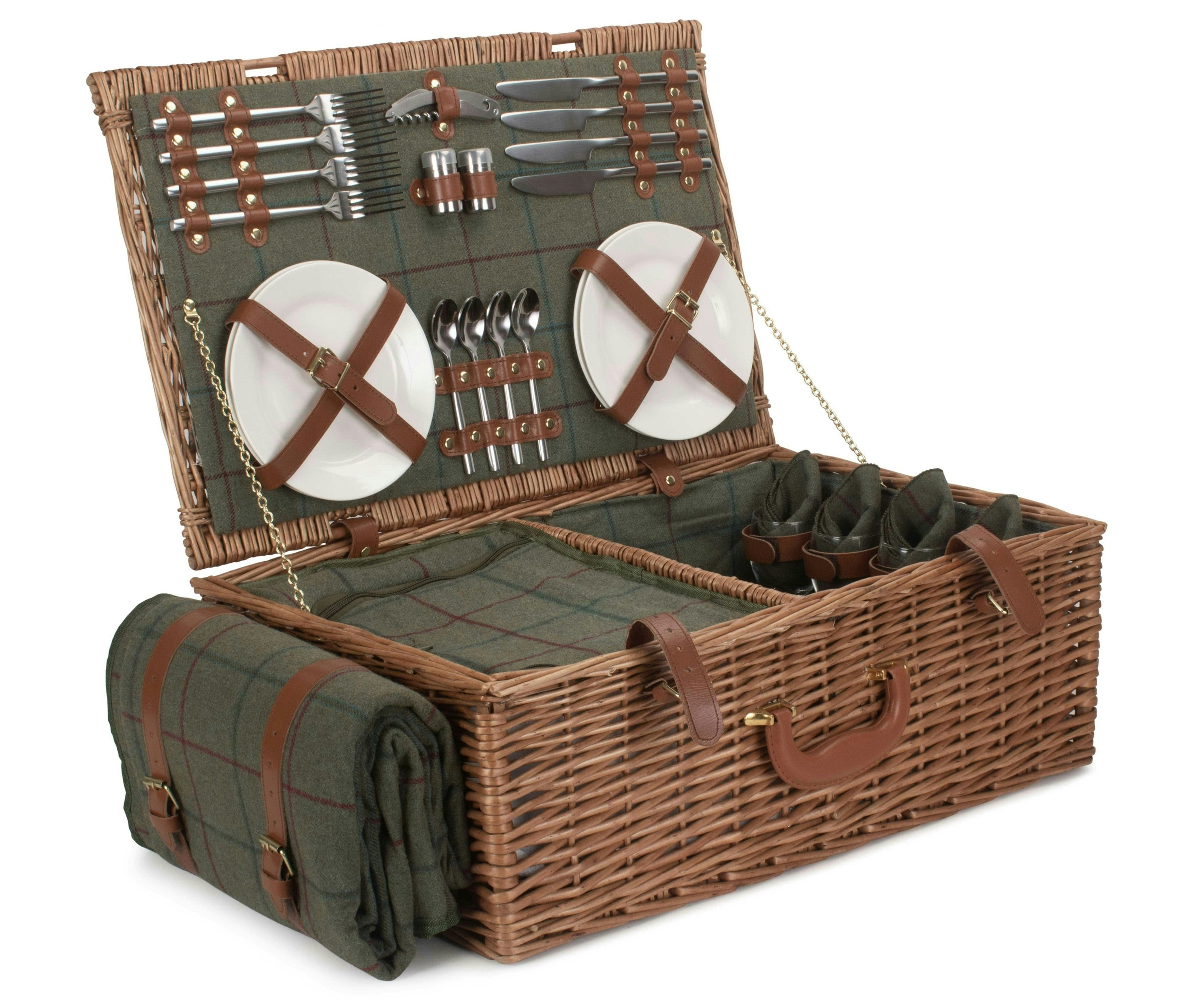 Red Hamper Red/Green Hamper Tweed Fitted Wicker Picnic Basket - 4 Person
