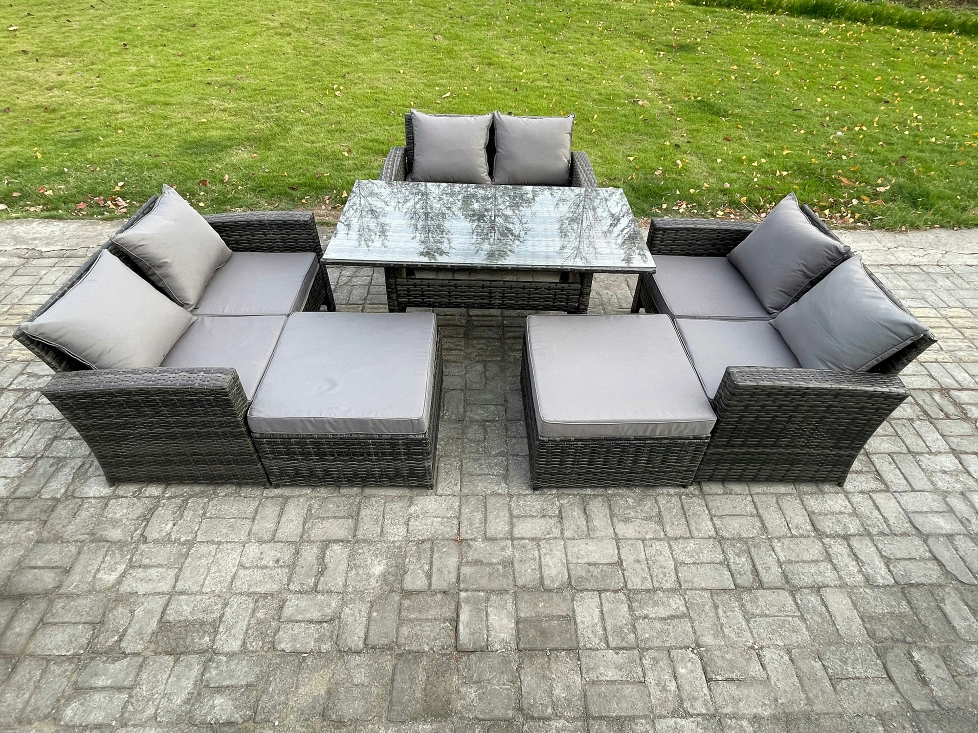 Fimous Dark/Grey High Back Outdoor Garden Furniture Rattan Sofa Dining Table Set With 2 Big Footstool Mixed