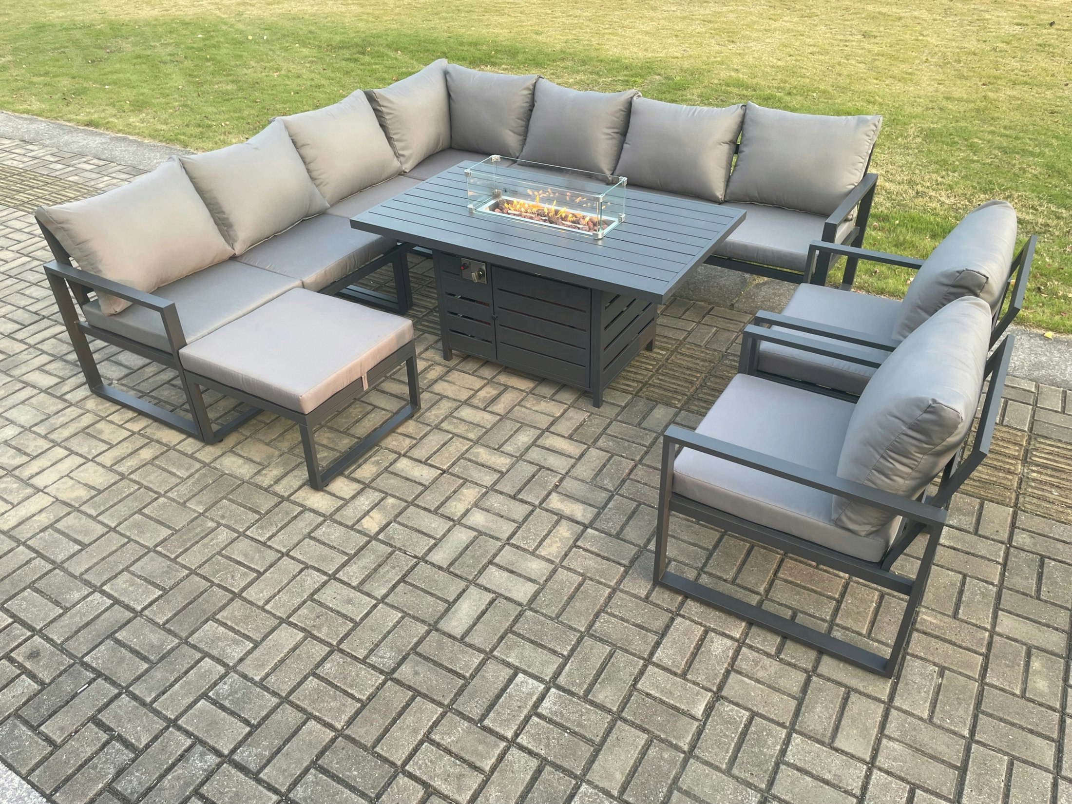 Rackhams Dark/Grey Aluminium 10 Seater Garden Furniture Outdoor Set Patio Lounge Sofa Gas Fire Pit Dining Table Set With 2 Chairs Big Footstool