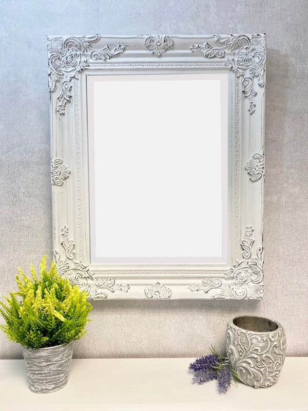 Rackhams White Antique Wood Frame Wall Mirror With Bevelled Glass 53Cm X 43Cm