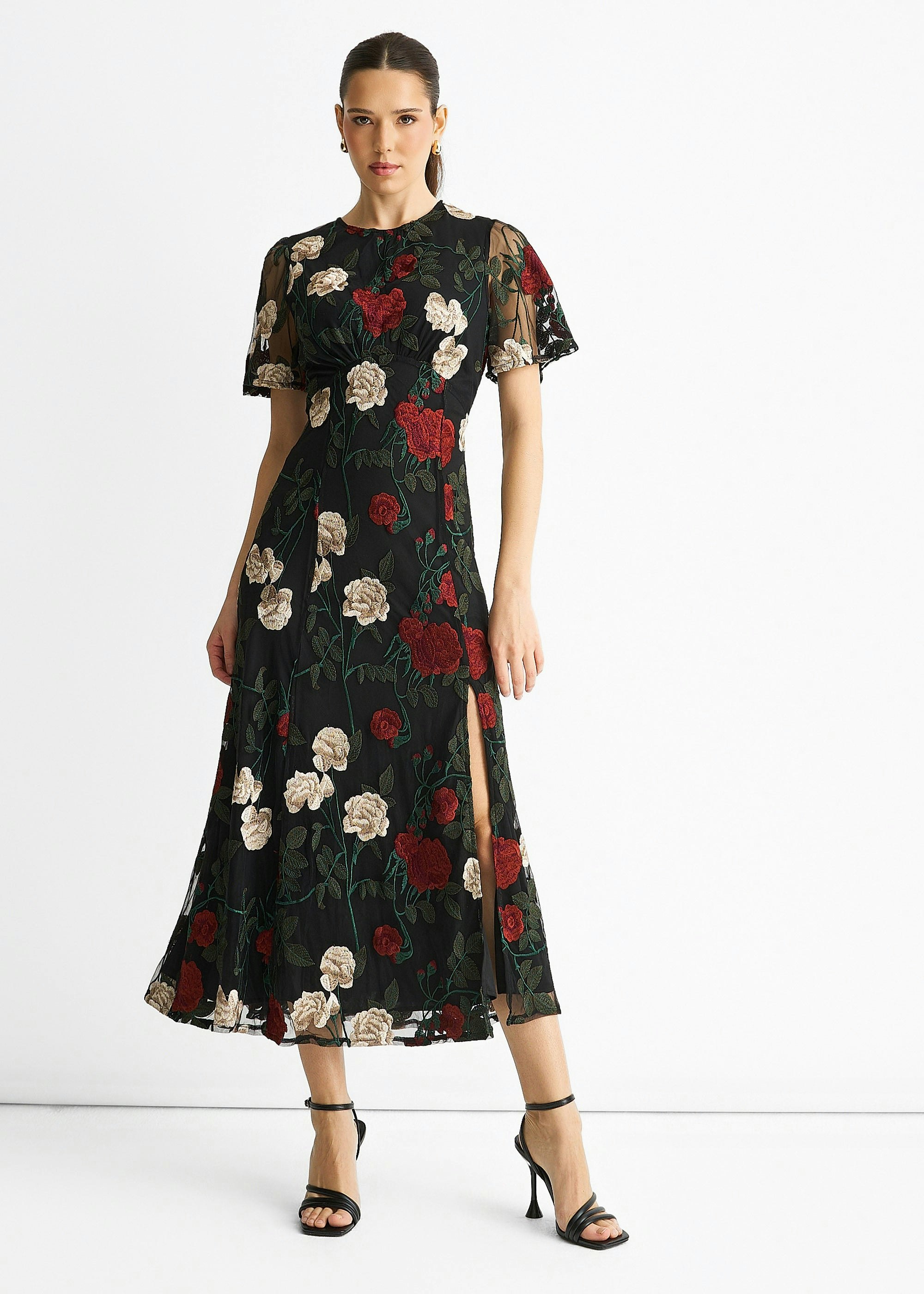 Gini London Black Angel Sleeves Embroidered Occasion Midi Dress - Uk 8 / Us 4 / Eu 36