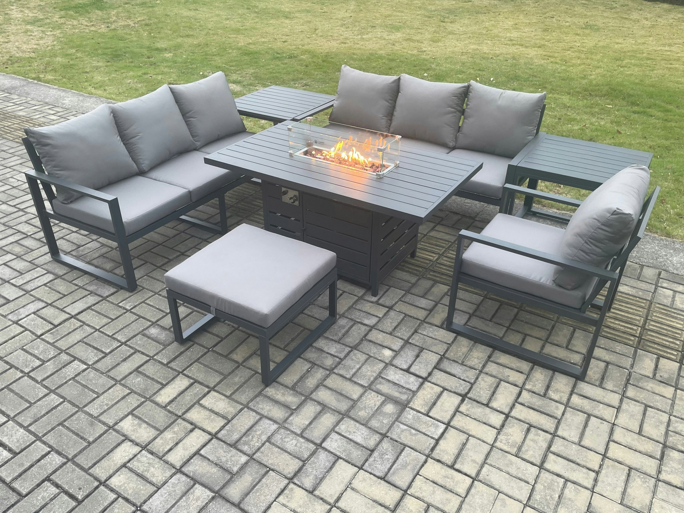 Fimous Dark/Grey Aluminium 7 Pieces Garden Furniture Sofa Set With Cushions 8 Seater Gas Fire Pit Dining Table Set With 2 Side Tables Big Footstool