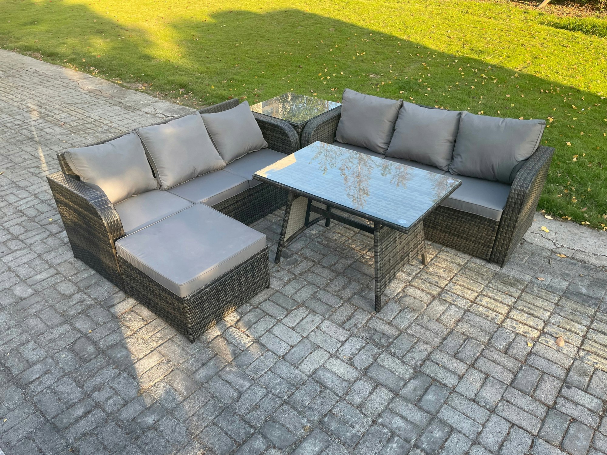 Rackhams Dark/Grey Garden Furniture Sofa Set Rectangular Dining Table Big Footstool Side Table Indoor Outdoor 7 Seater Rattan Set Mixed