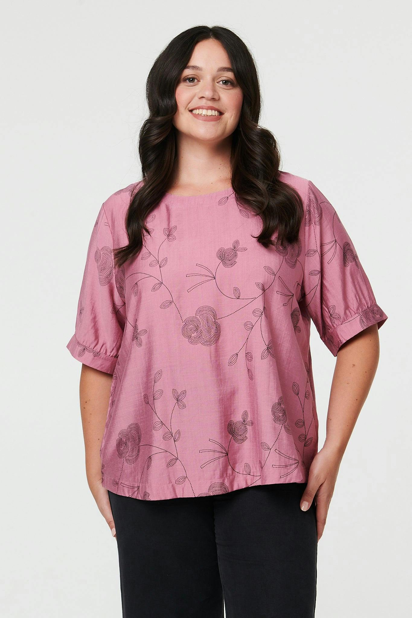 Izabel London Pink Curve Floral Short Sleeve Blouse Top - 24