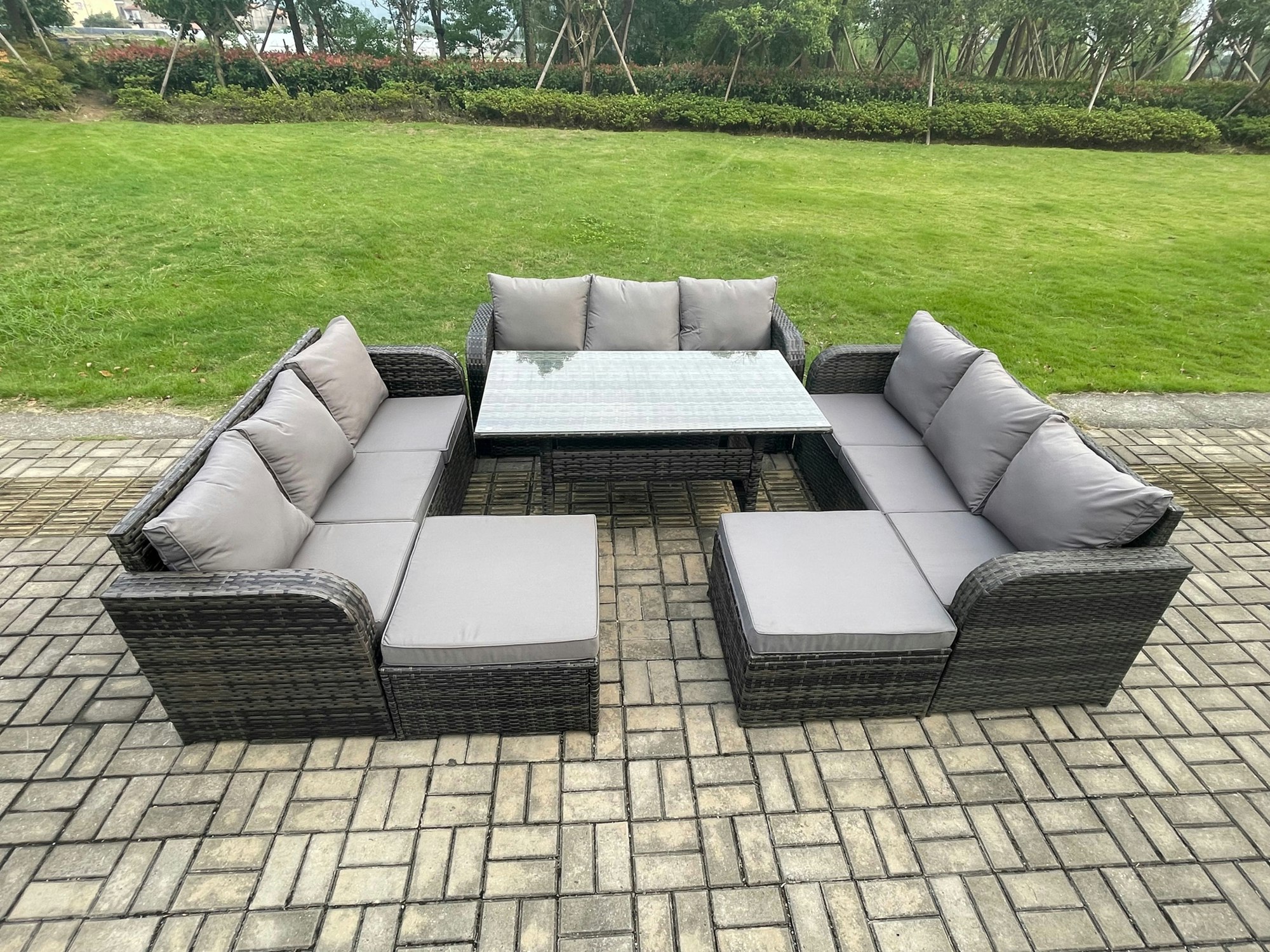 Fimous Dark/Grey Patio Rattan Garden Furniture Set With Oblong Rectangular Dining Table 11 Seater Outdoor Lounge Sofa Set Mixed