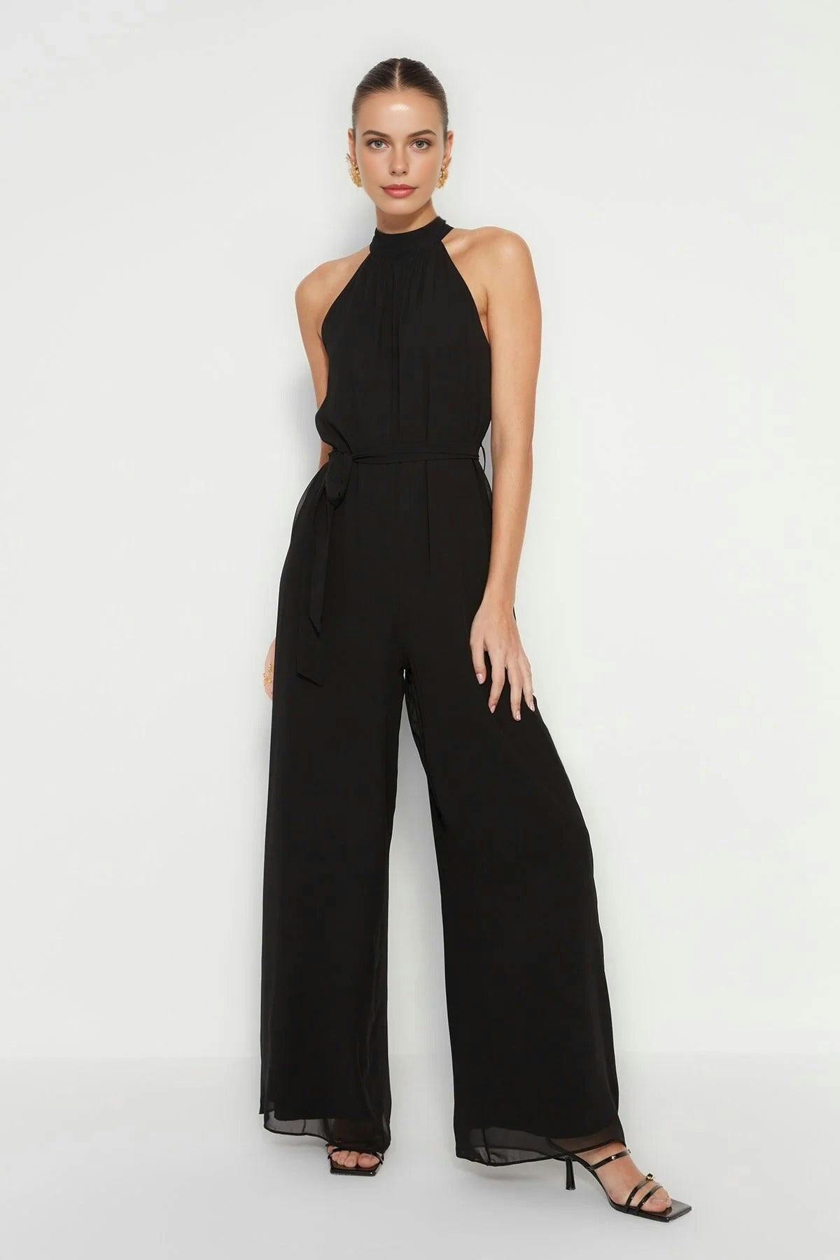 Wovcor Black Belted Maxi Chiffon Lined Woven Jumpsuit - 10