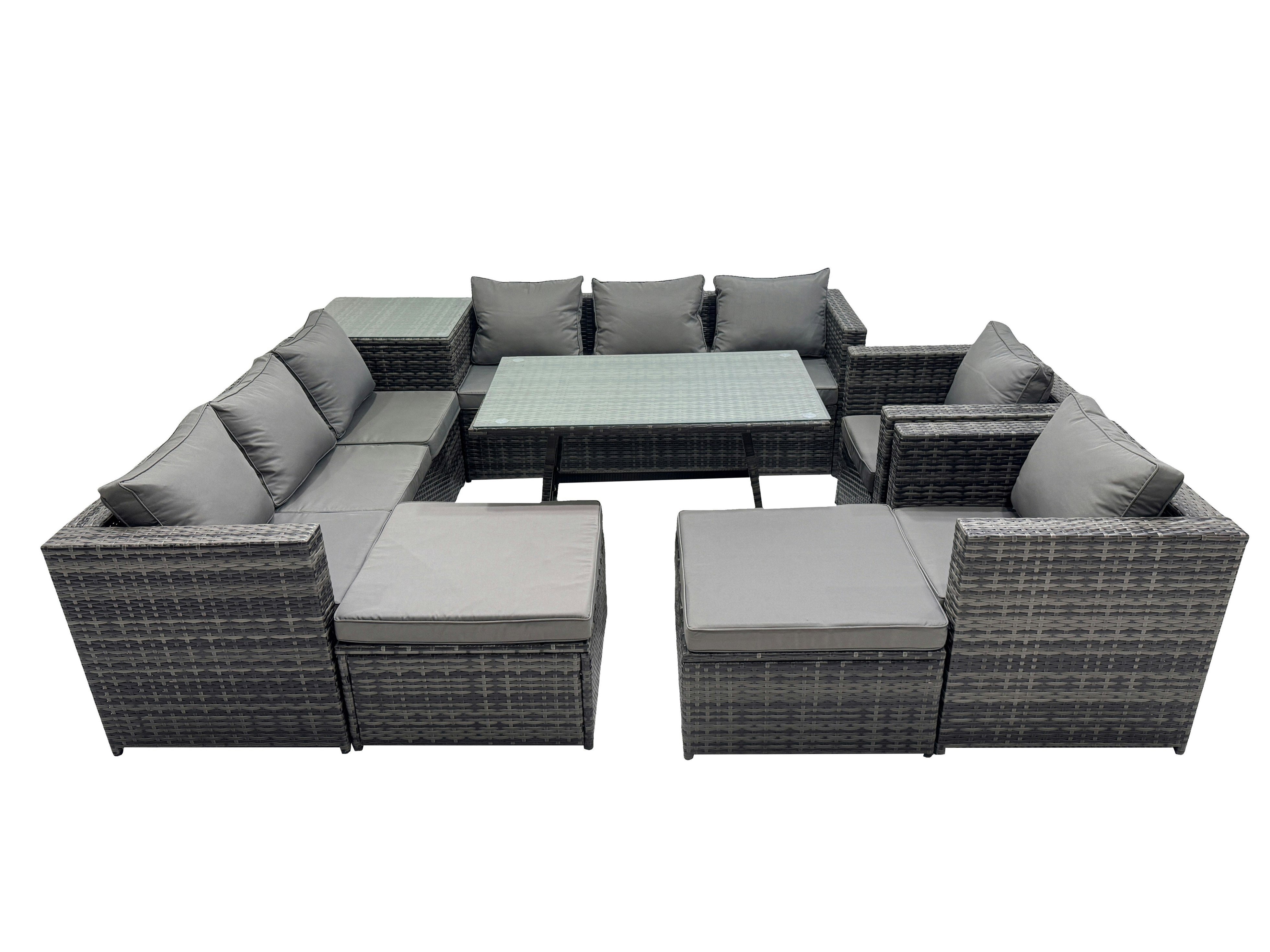 Rackhams Dark/Grey Outdoor Corner Sofa Chair Dining Table Set Garden Rattan Furniture Set 10 Seater With 2 Big Stools