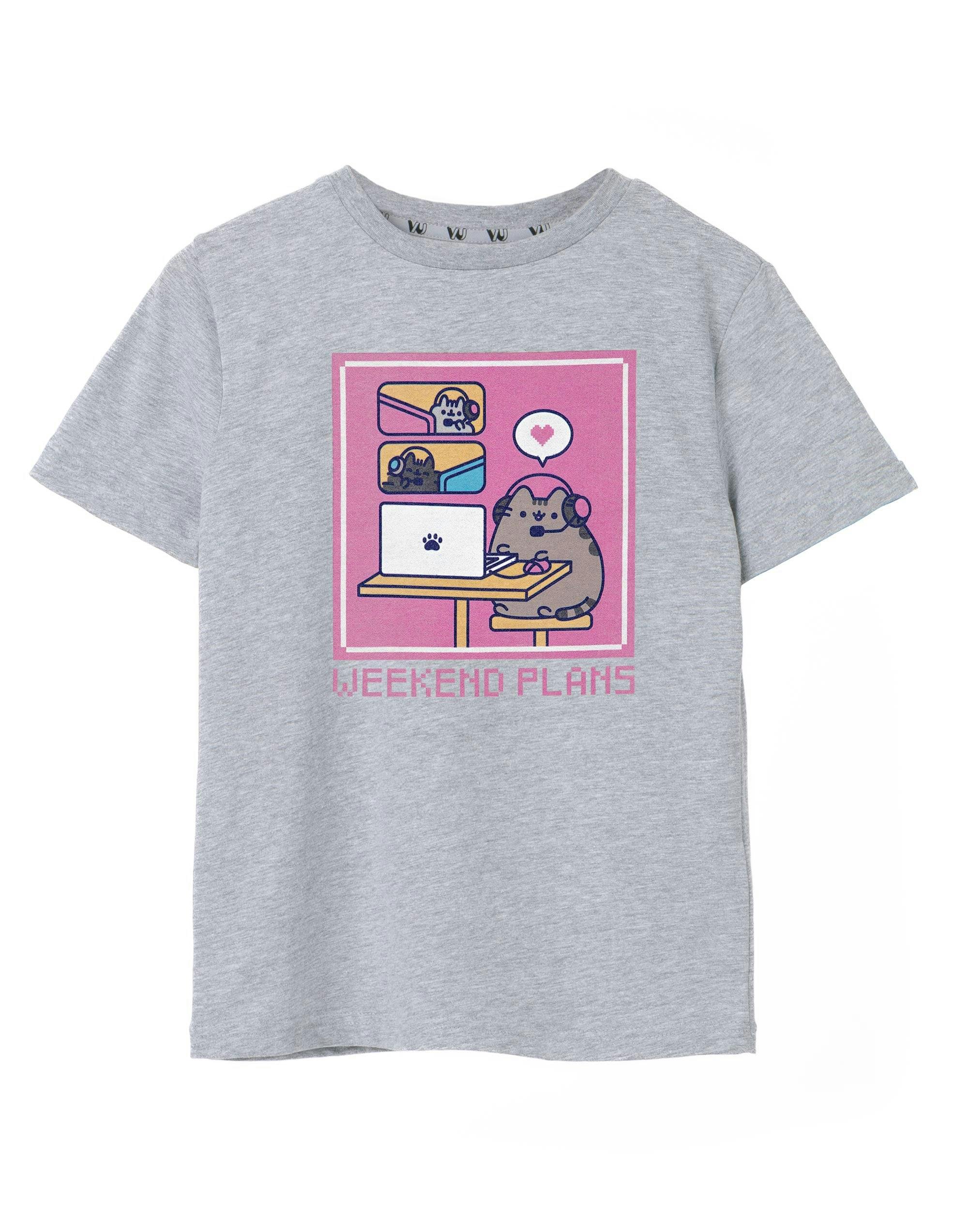 Vanilla Underground Girls Grey Pusheen Weekend Plans Short Sleeved T-Shirt - 9-10 Years