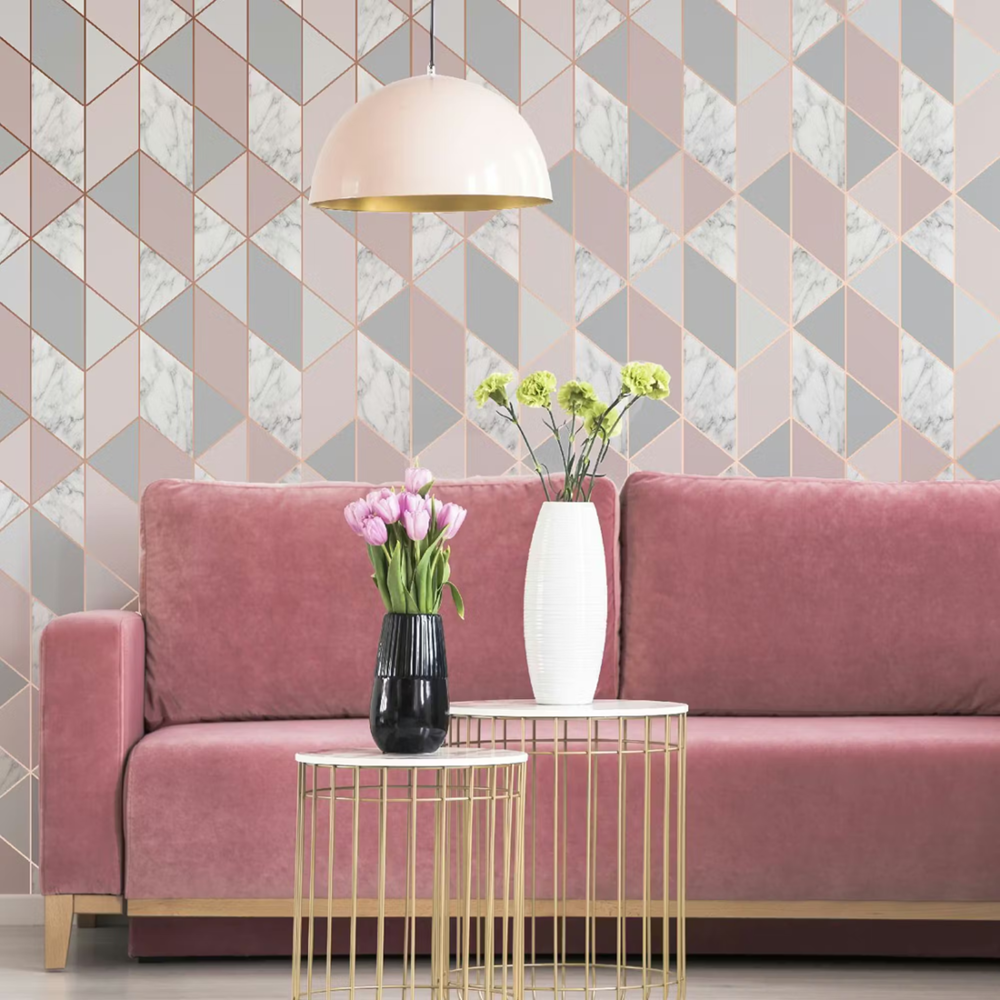 Rackhams Pink Marble Geometric Wallpaper - Blush - 10M