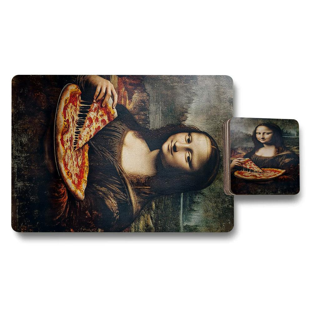 Benjamin Tate Design Designer Artwork Placemats And Coasters Set With Wood Backing Mona Lisa Pizza Print Limited Edition