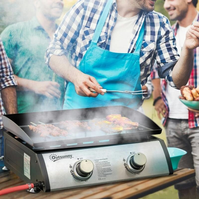 Outsunny Silver Gas Plancha Barbecue Grill 6Kw Portable Tabletop Gas Bbq W/ 2 Burners, Non-Stick Hotplate, Drain Hole And Grease Collection Box - Image 7